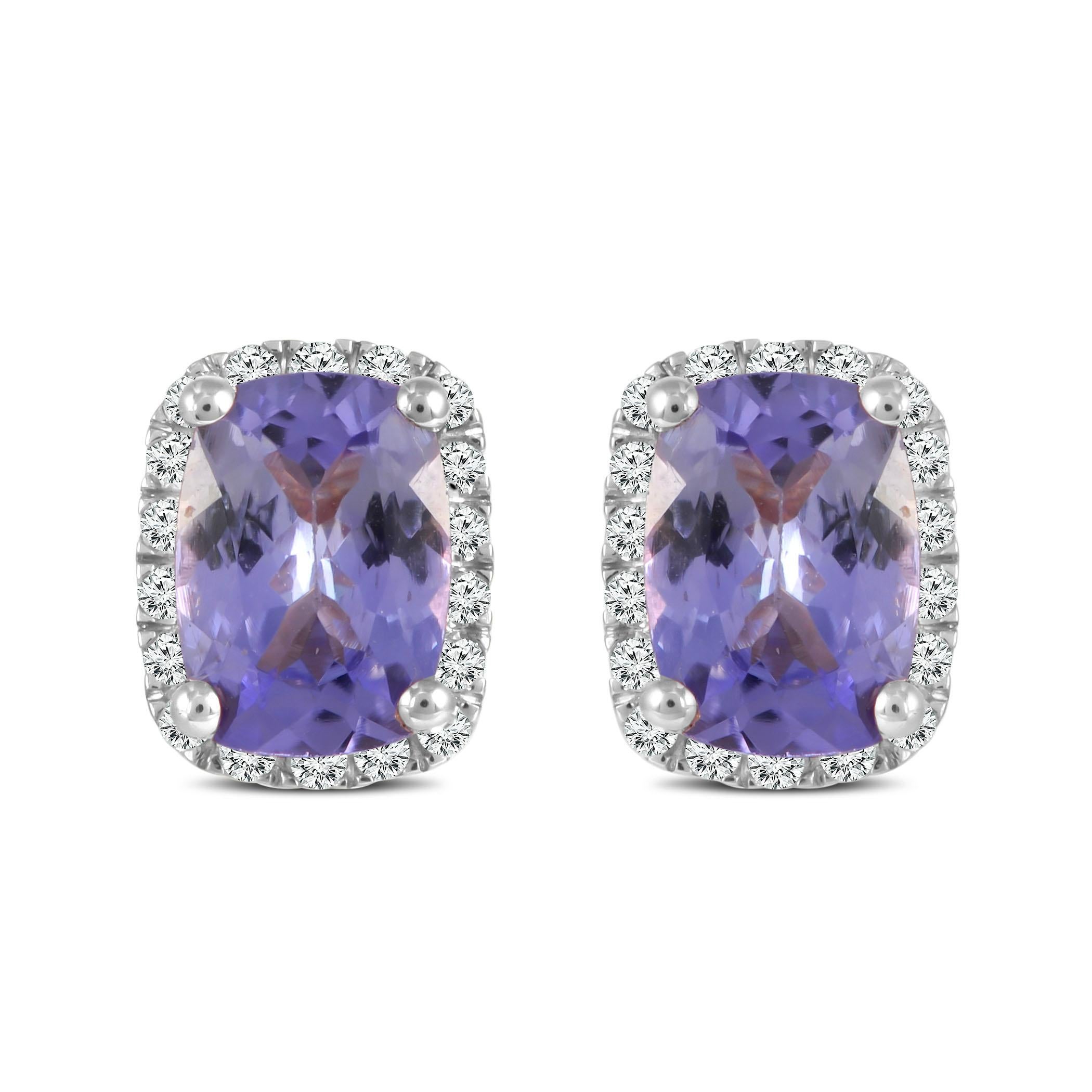 Contemporary 14K Yellow Gold Tanzanite Studs with Diamond Halo  For Sale