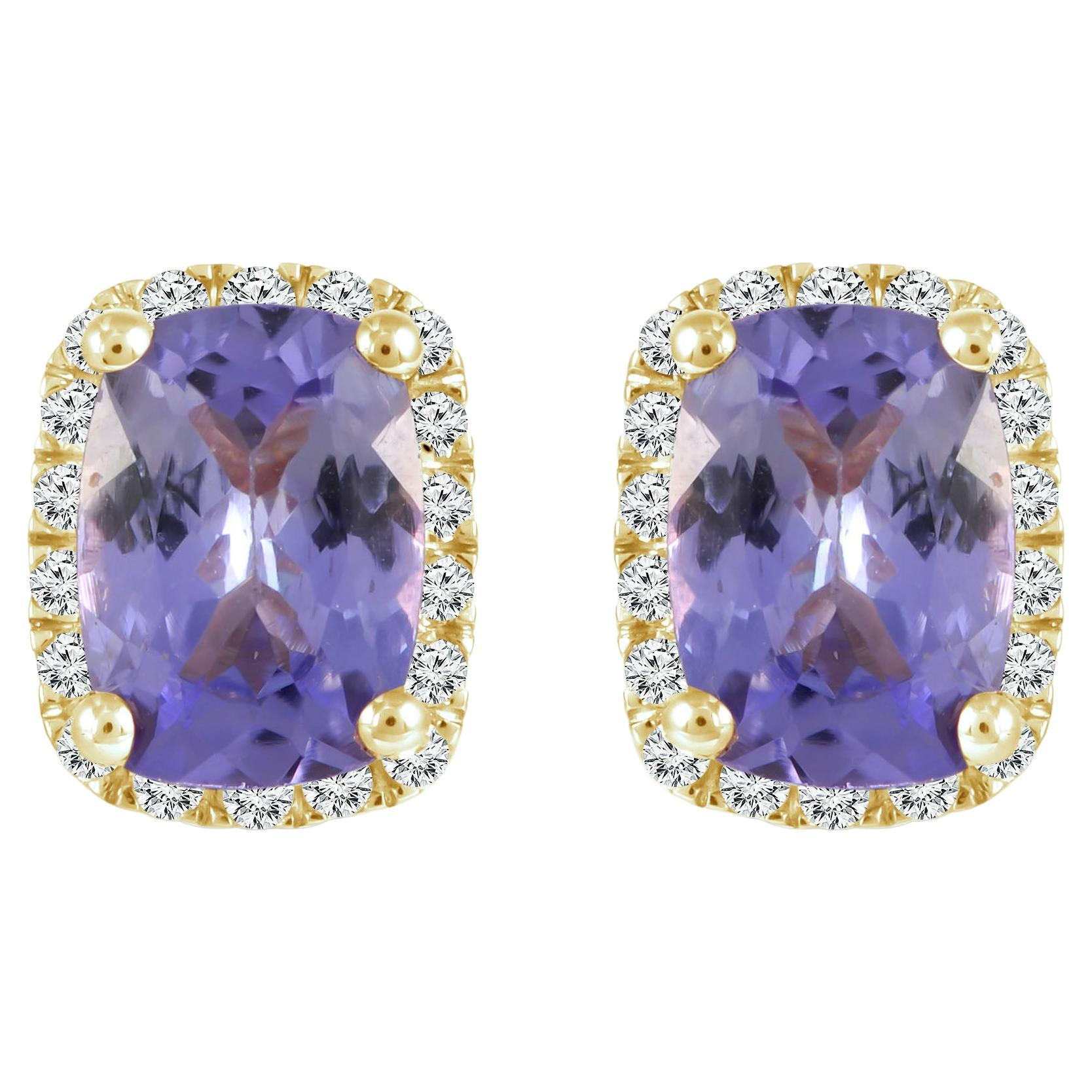 14K Yellow Gold Tanzanite Studs with Diamond Halo  For Sale