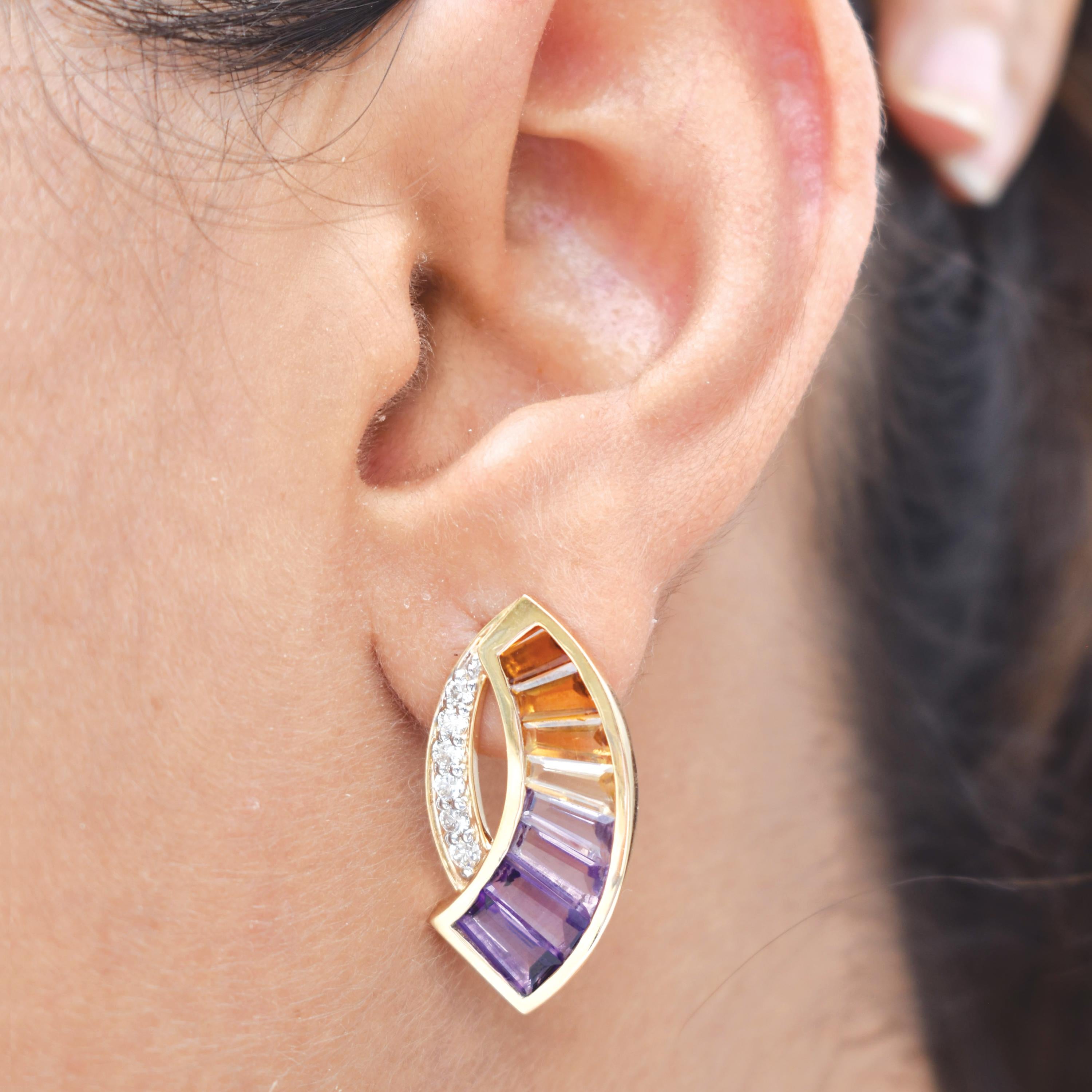 Artistry, color, and craftsmanship unite in these sculptural 14K Gold Ametrine Sickle Sword Earrings—a striking celebration of gradient tones, fluid form, and refined elegance. Inspired by the bold, sweeping arc of a sickle sword, each earring