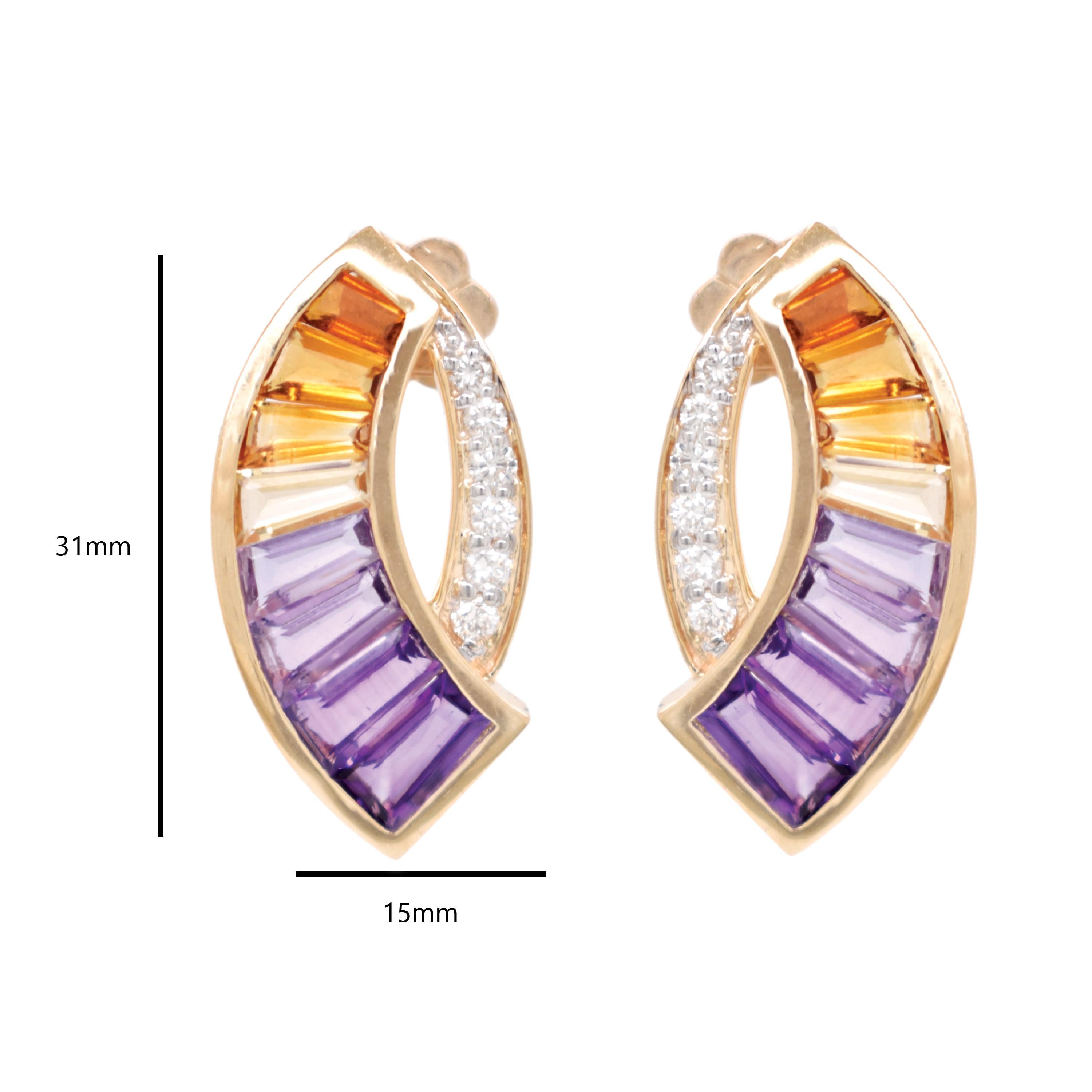Contemporary 14K Yellow Gold Taper Baguette Ametrine Gemstones Diamond Modern Curve Earrings For Sale