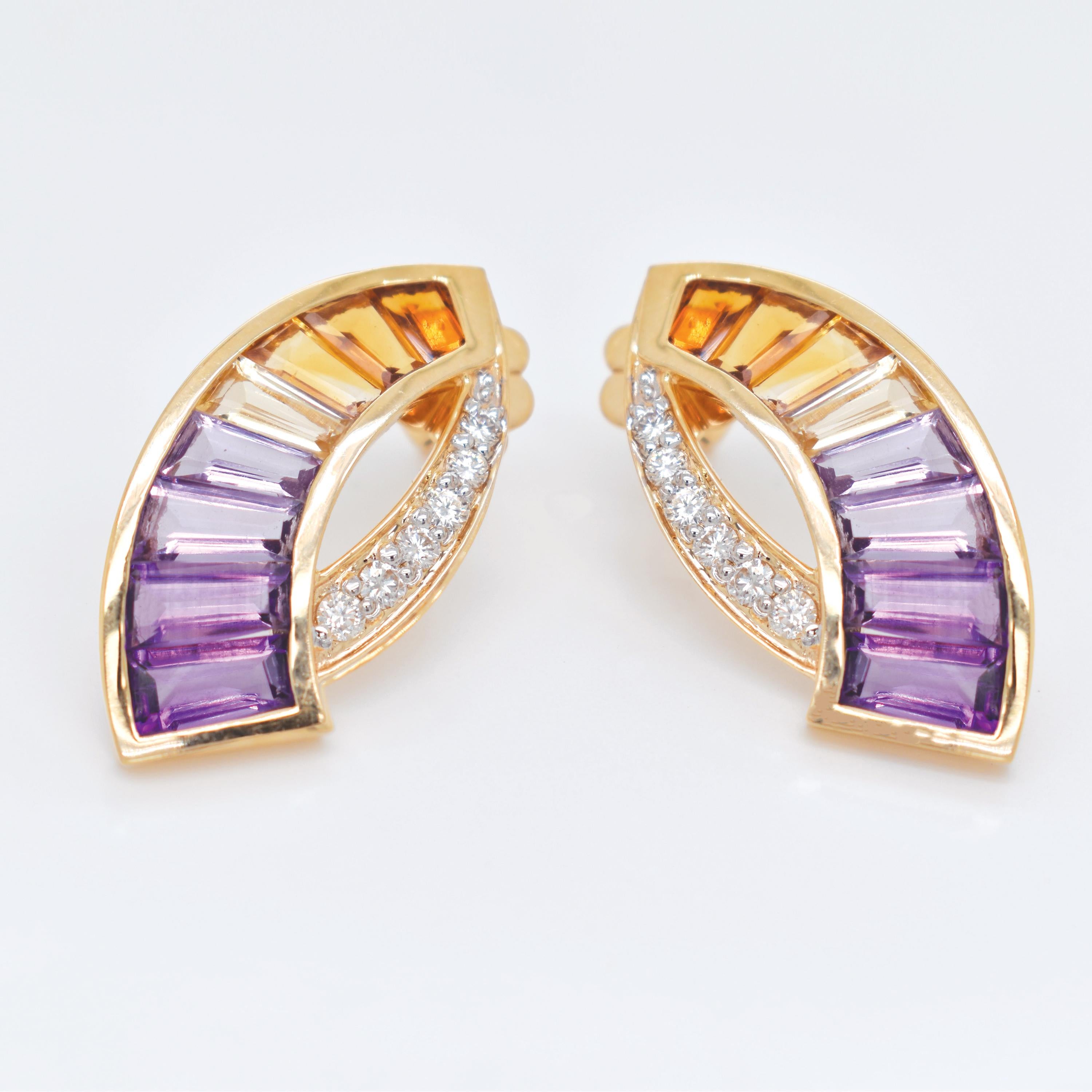 14K Yellow Gold Taper Baguette Ametrine Gemstones Diamond Modern Curve Earrings In New Condition For Sale In Jaipur, Rajasthan