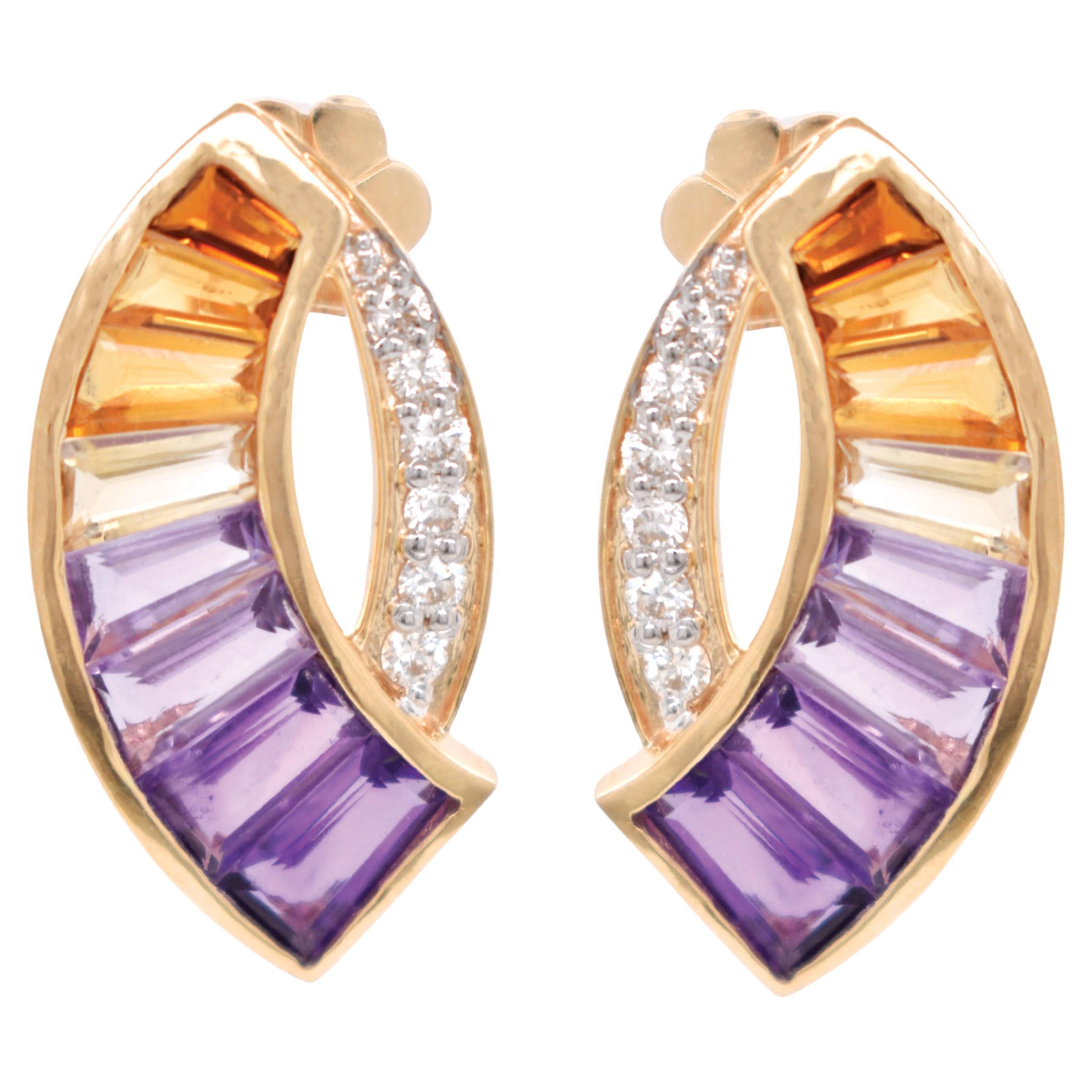 14K Yellow Gold Taper Baguette Ametrine Gemstones Diamond Modern Curve Earrings For Sale