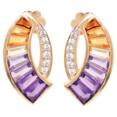 14K Yellow Gold Taper Baguette Ametrine Gemstones Diamond Modern Curve Earrings