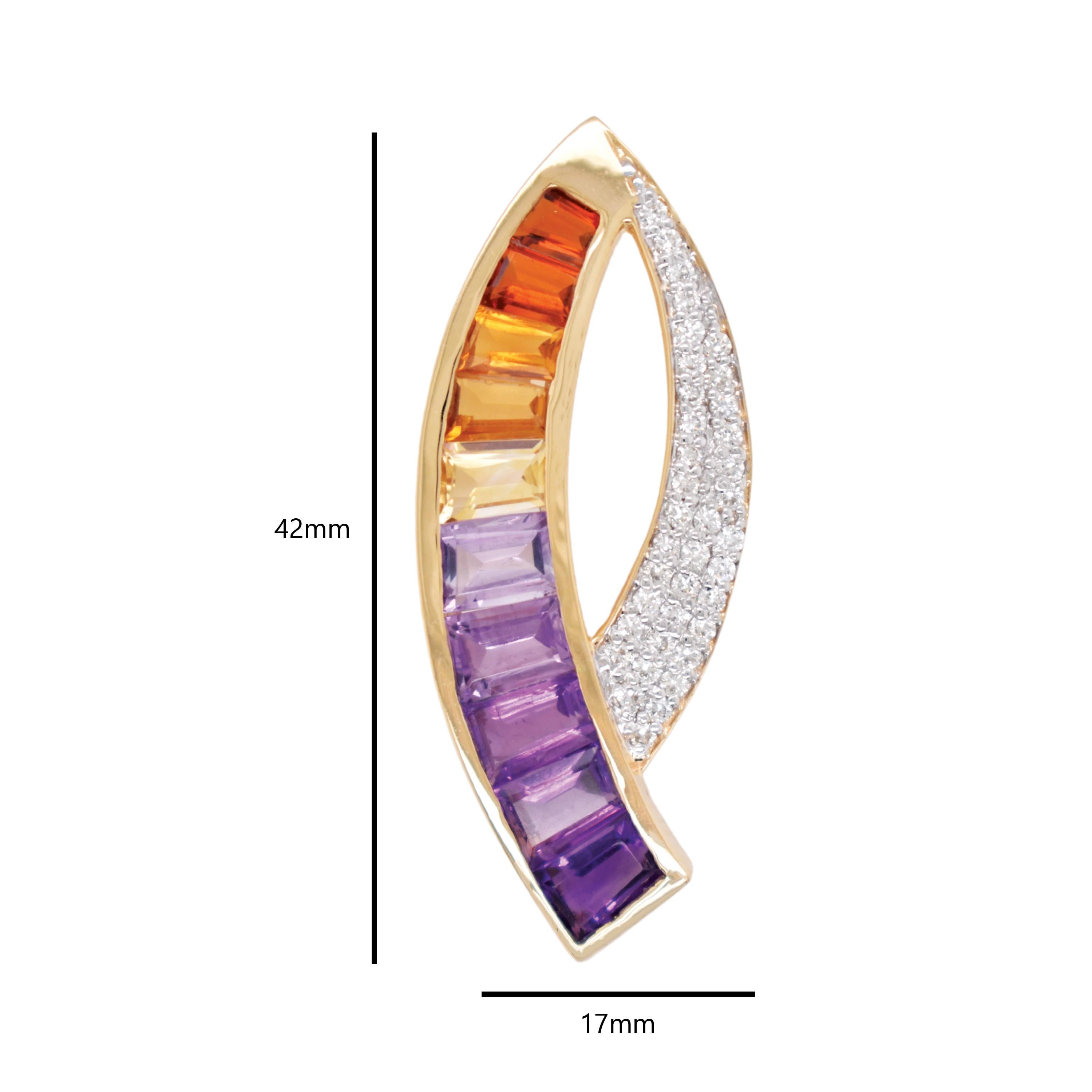 Contemporary 14K Yellow Gold Taper Baguette Ametrine Gemstones Diamond Modern Curve Pendant For Sale
