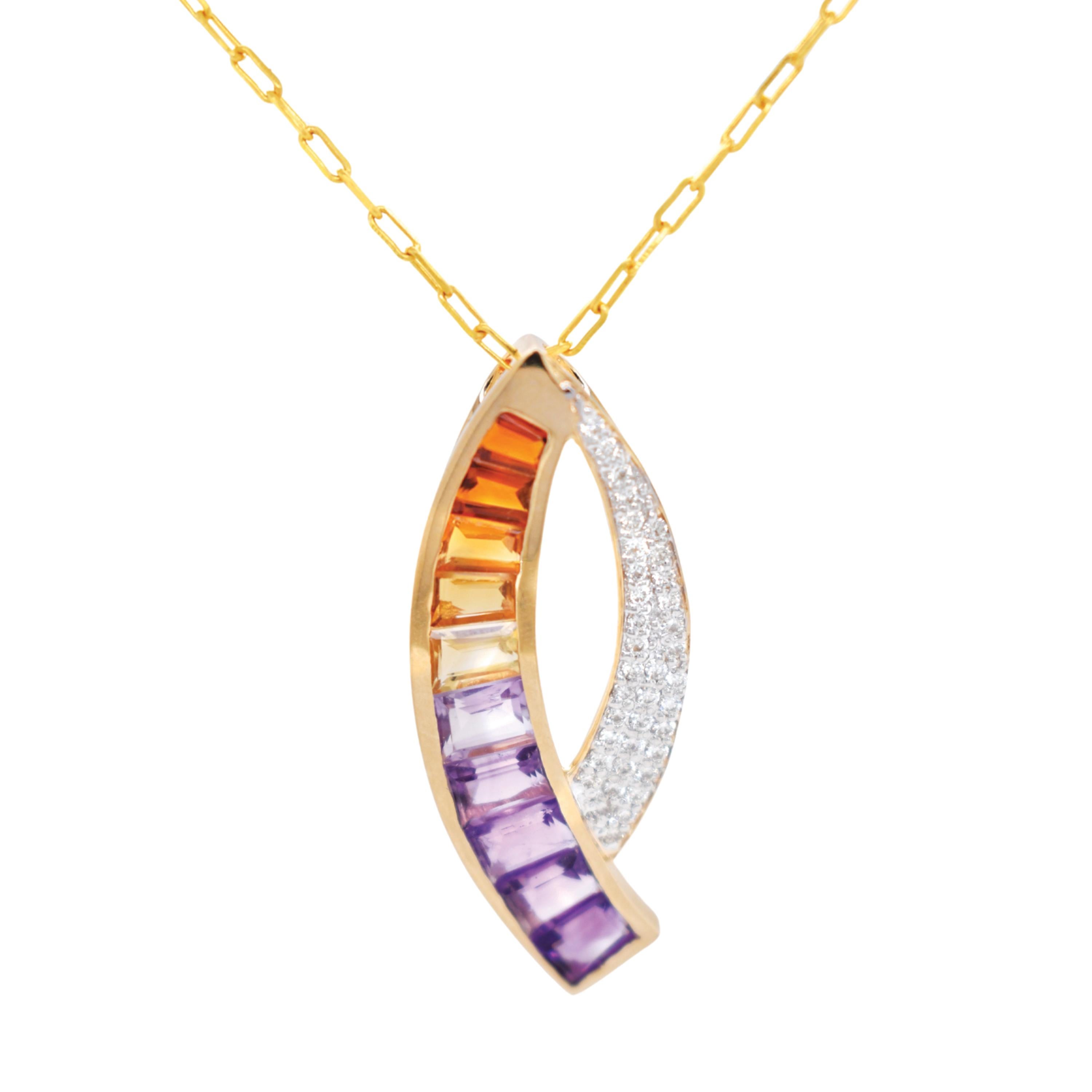 Baguette Cut 14K Yellow Gold Taper Baguette Ametrine Gemstones Diamond Modern Curve Pendant For Sale