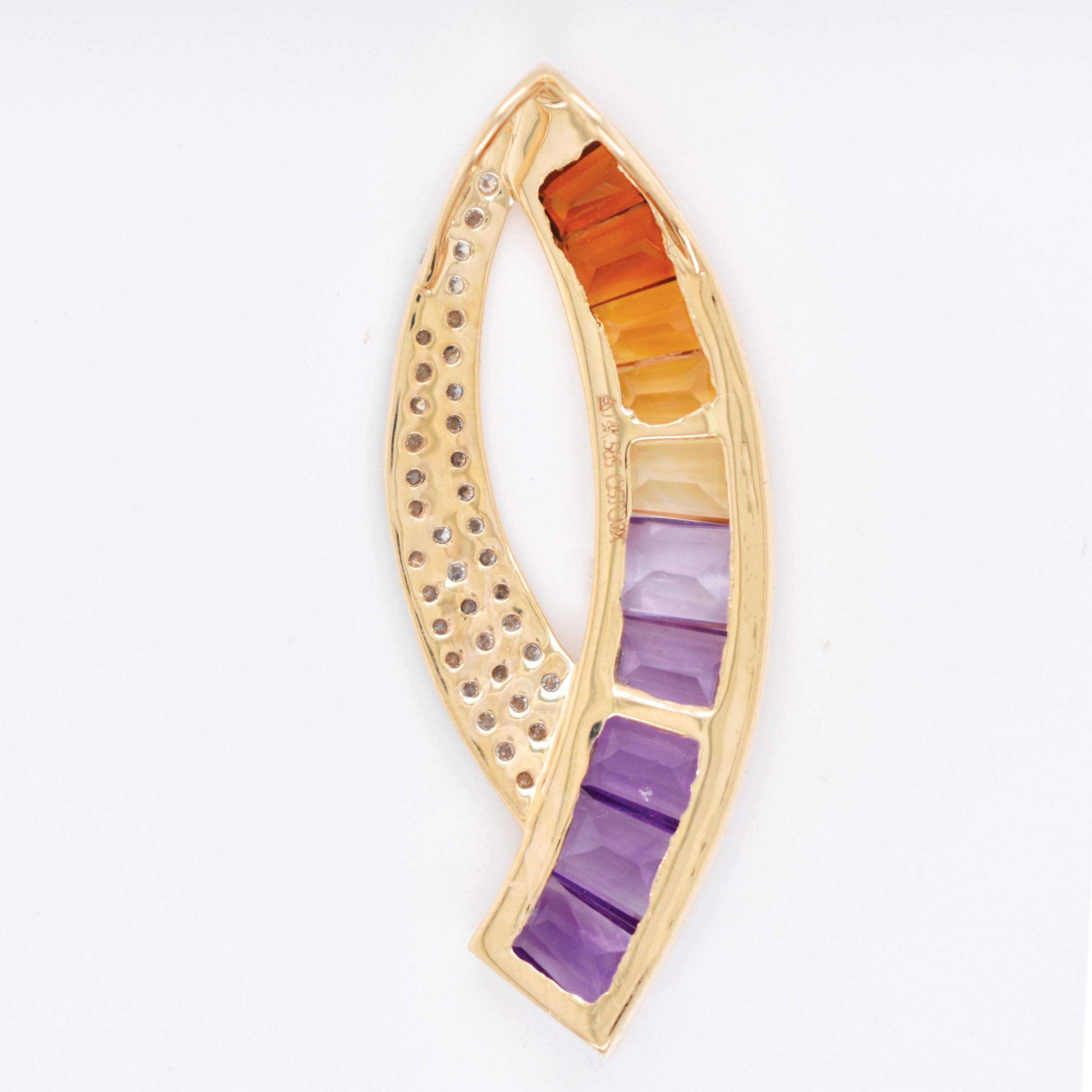 14K Yellow Gold Taper Baguette Ametrine Gemstones Diamond Modern Curve Pendant In New Condition For Sale In Jaipur, Rajasthan