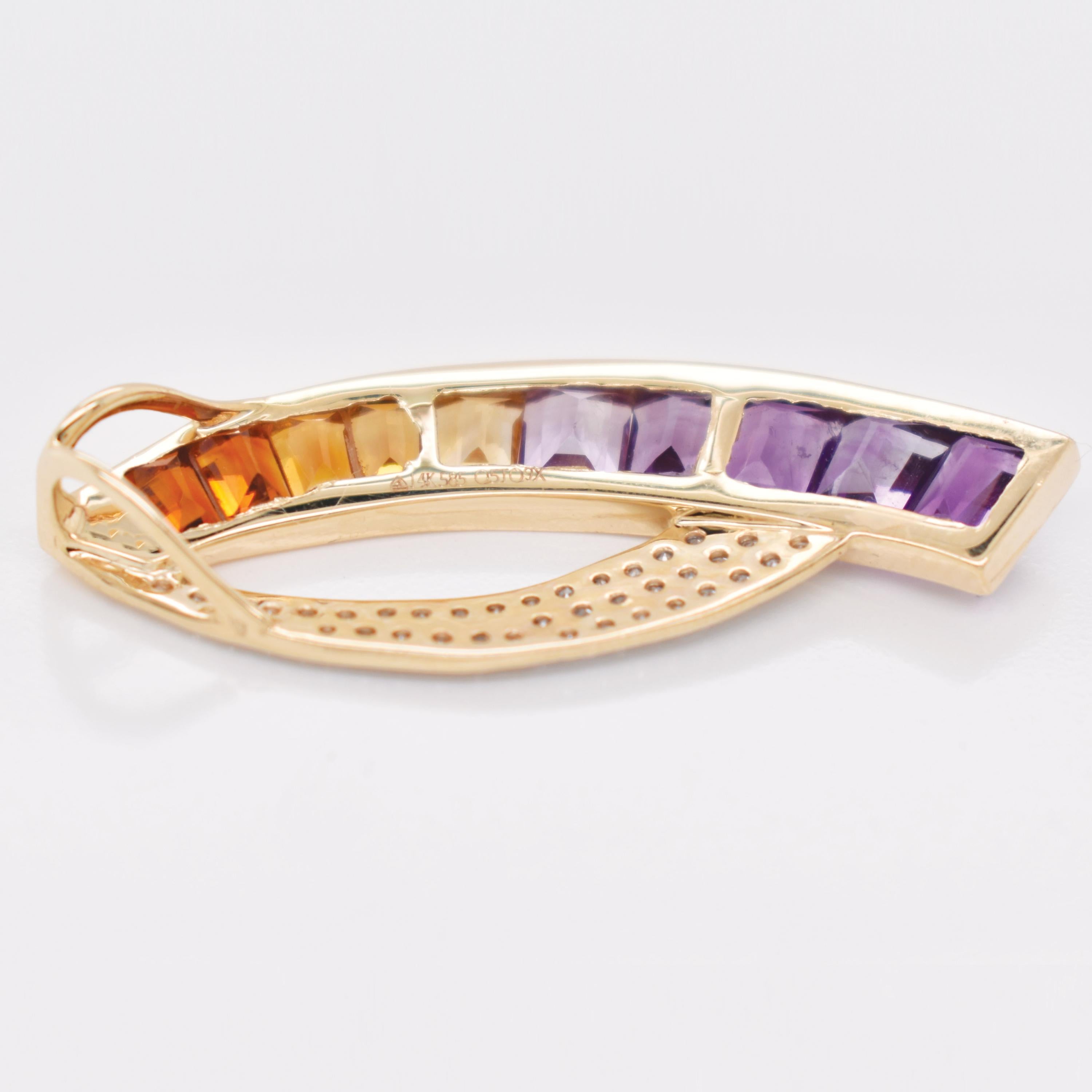 Women's 14K Yellow Gold Taper Baguette Ametrine Gemstones Diamond Modern Curve Pendant For Sale