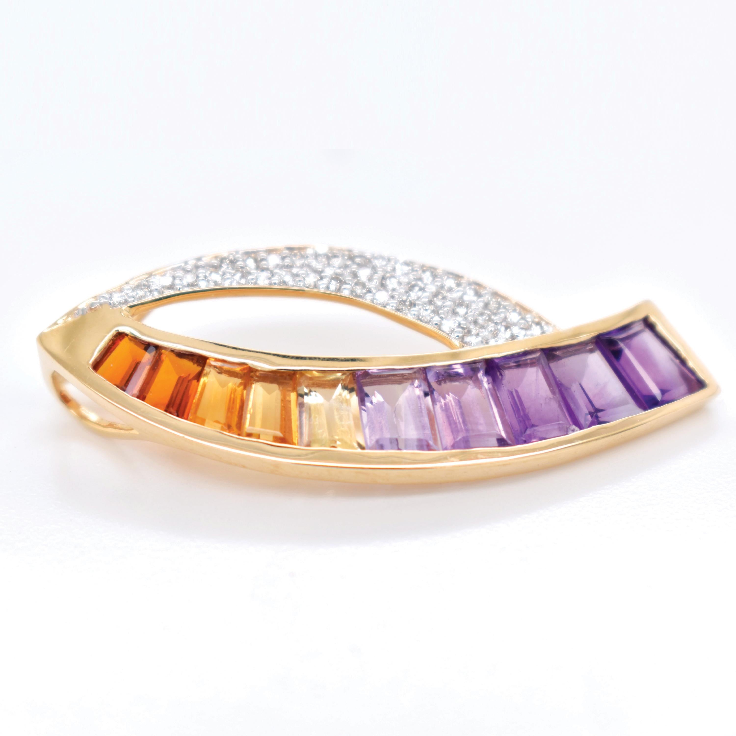 14K Yellow Gold Taper Baguette Ametrine Gemstones Diamond Modern Curve Pendant For Sale 1