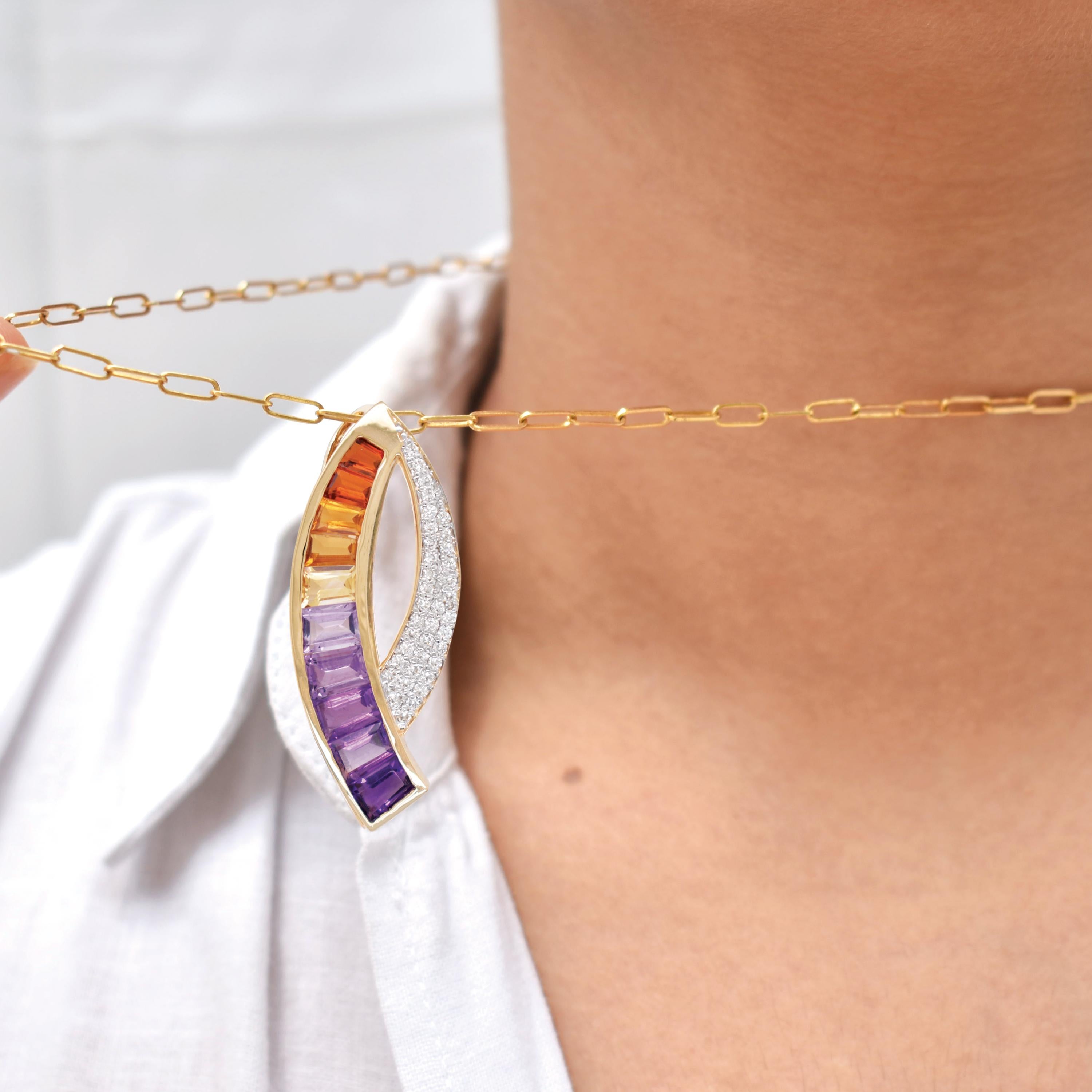 14K Yellow Gold Taper Baguette Ametrine Gemstones Diamond Modern Curve Pendant For Sale 2