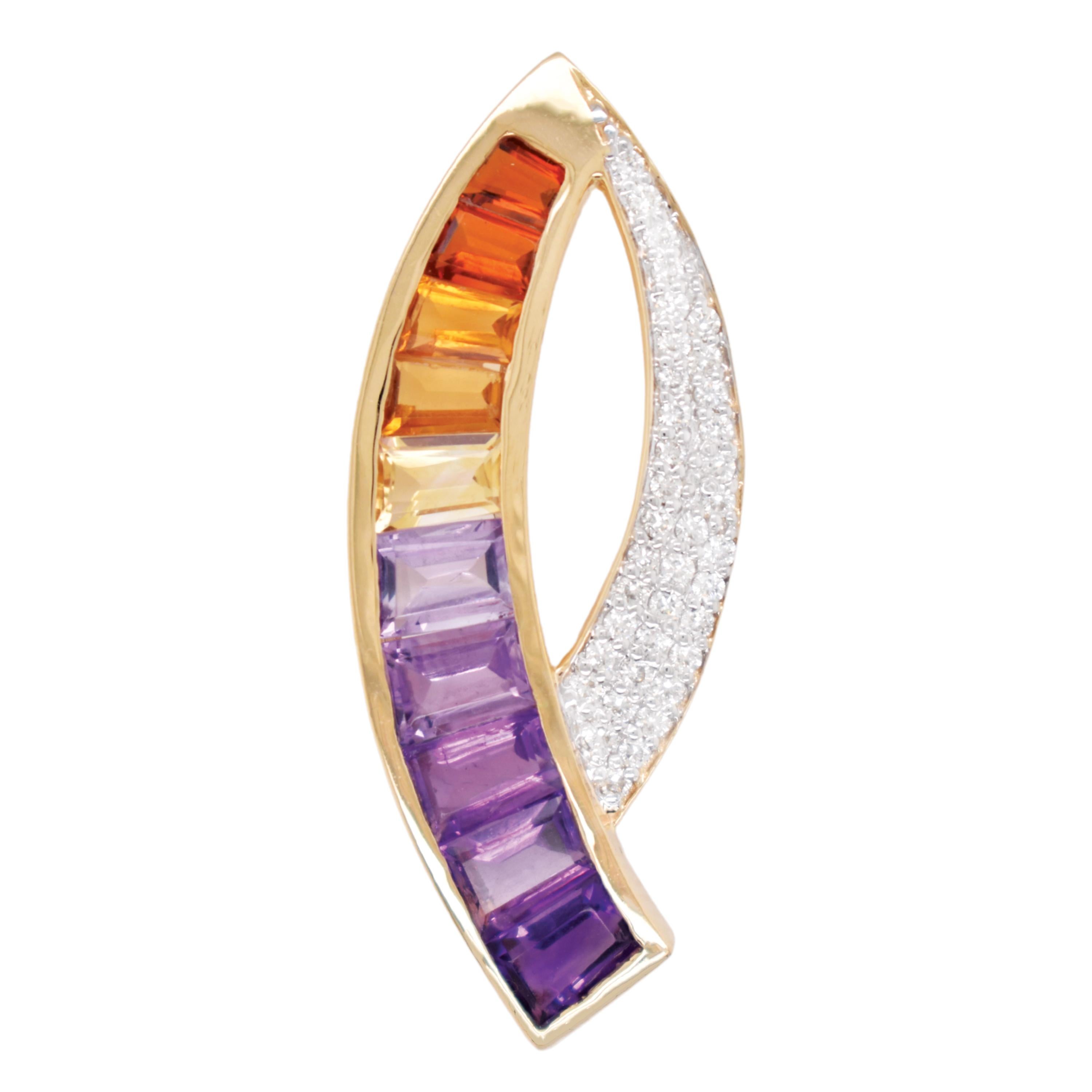 14K Yellow Gold Taper Baguette Ametrine Gemstones Diamond Modern Curve Pendant For Sale