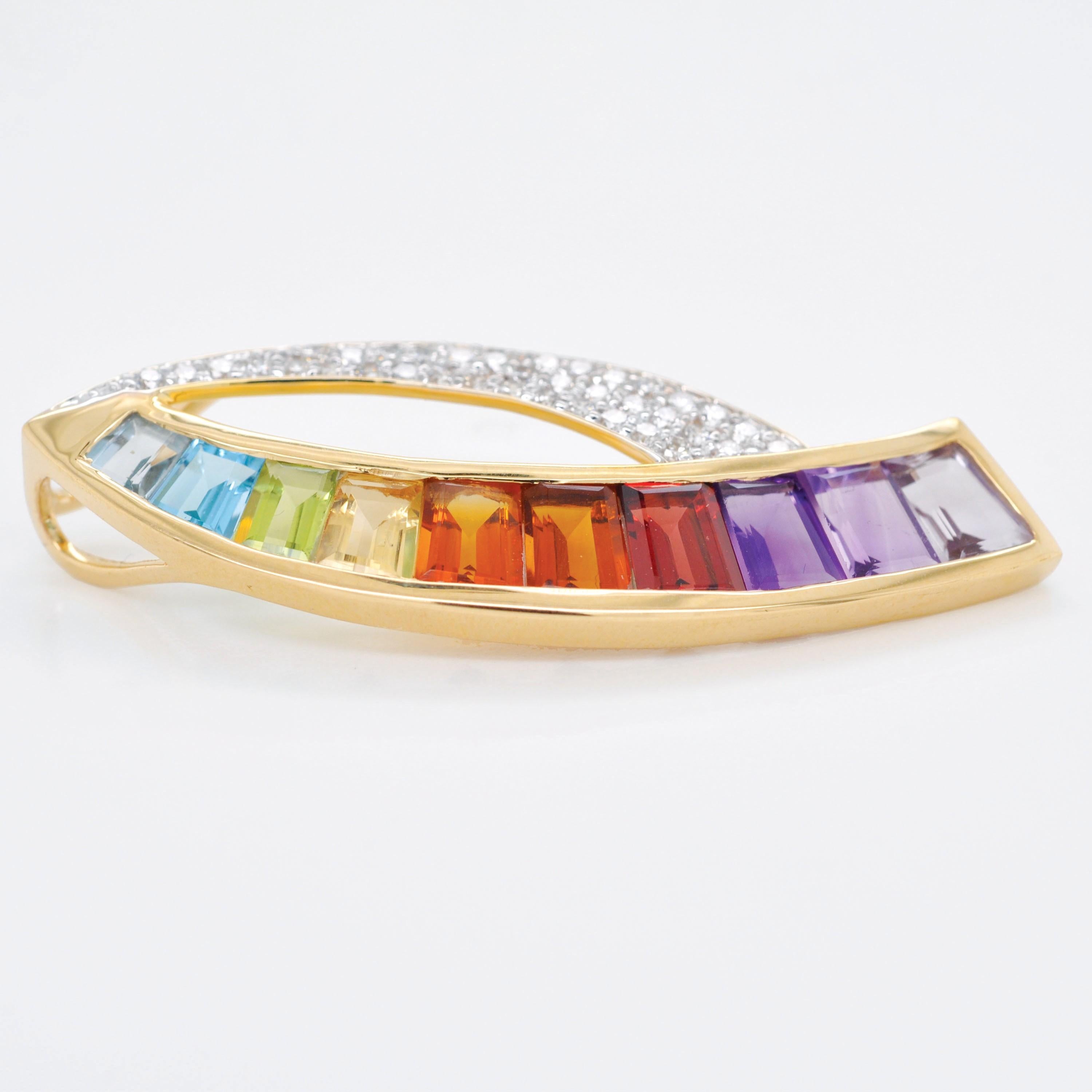 Ciondolo a forma di cono in oro giallo 14K con gemme arcobaleno e diamanti, con una curva moderna. in vendita 1