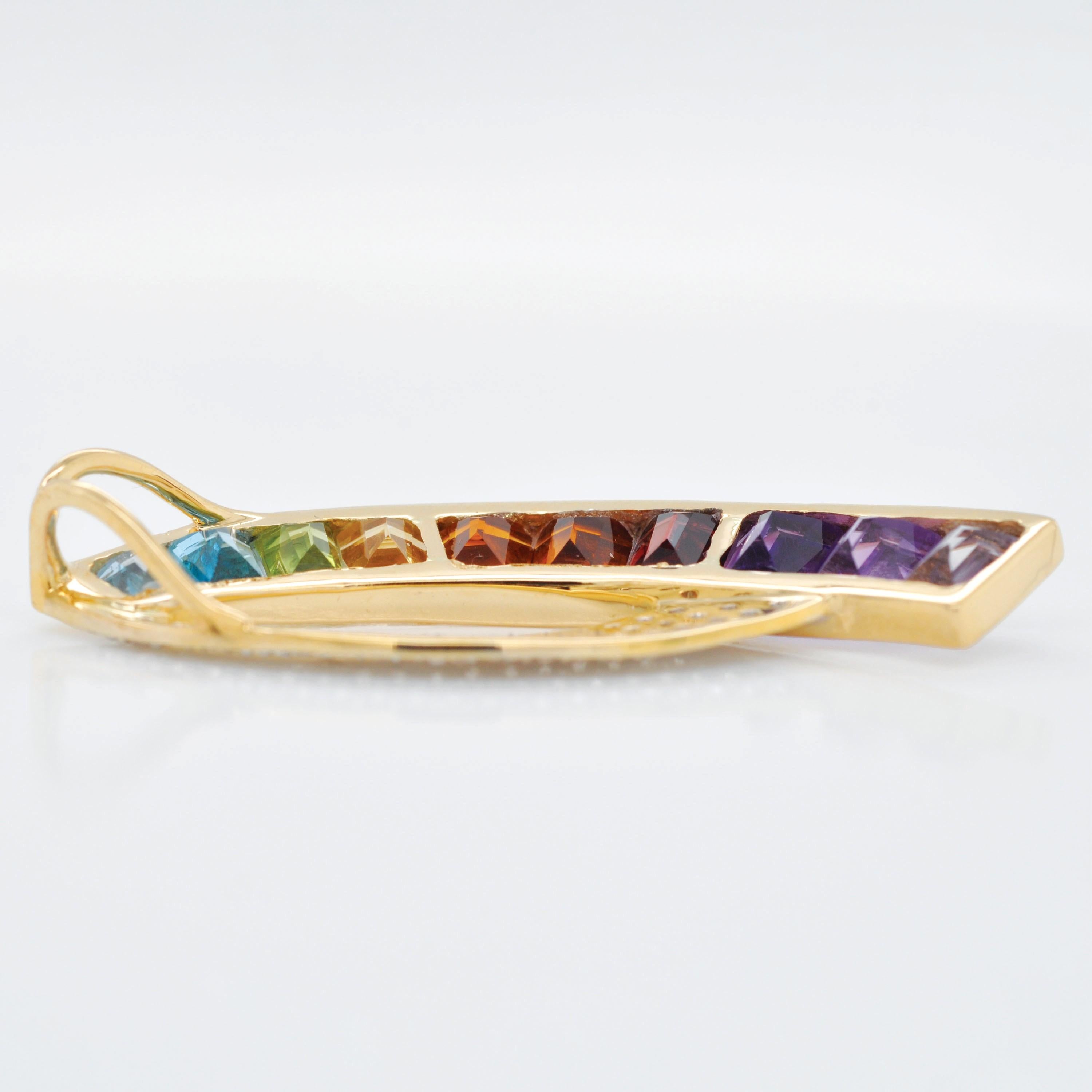 Ciondolo a forma di cono in oro giallo 14K con gemme arcobaleno e diamanti, con una curva moderna. in vendita 2
