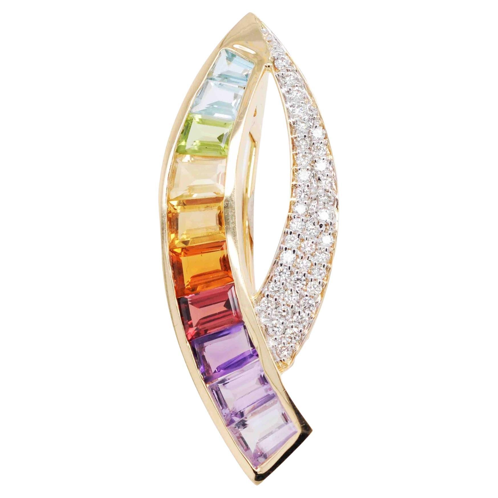 14K Yellow Gold Taper Baguette Rainbow Gemstones Diamond Modern Curve Pendant