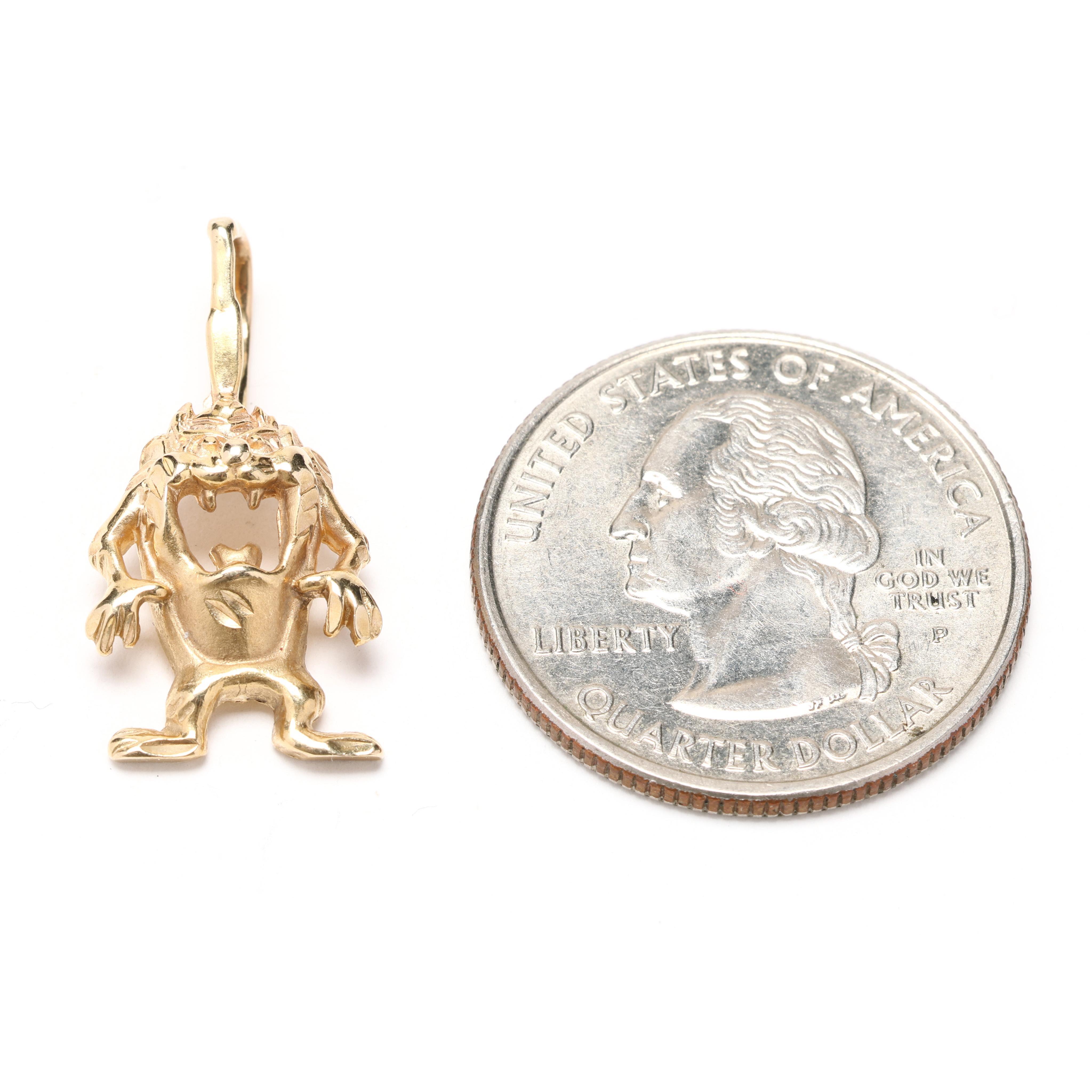 Women's or Men's 14k Yellow Gold Tazmanian Devil Pendant, Gold Looney Toons Charm, 1990s Cartoon