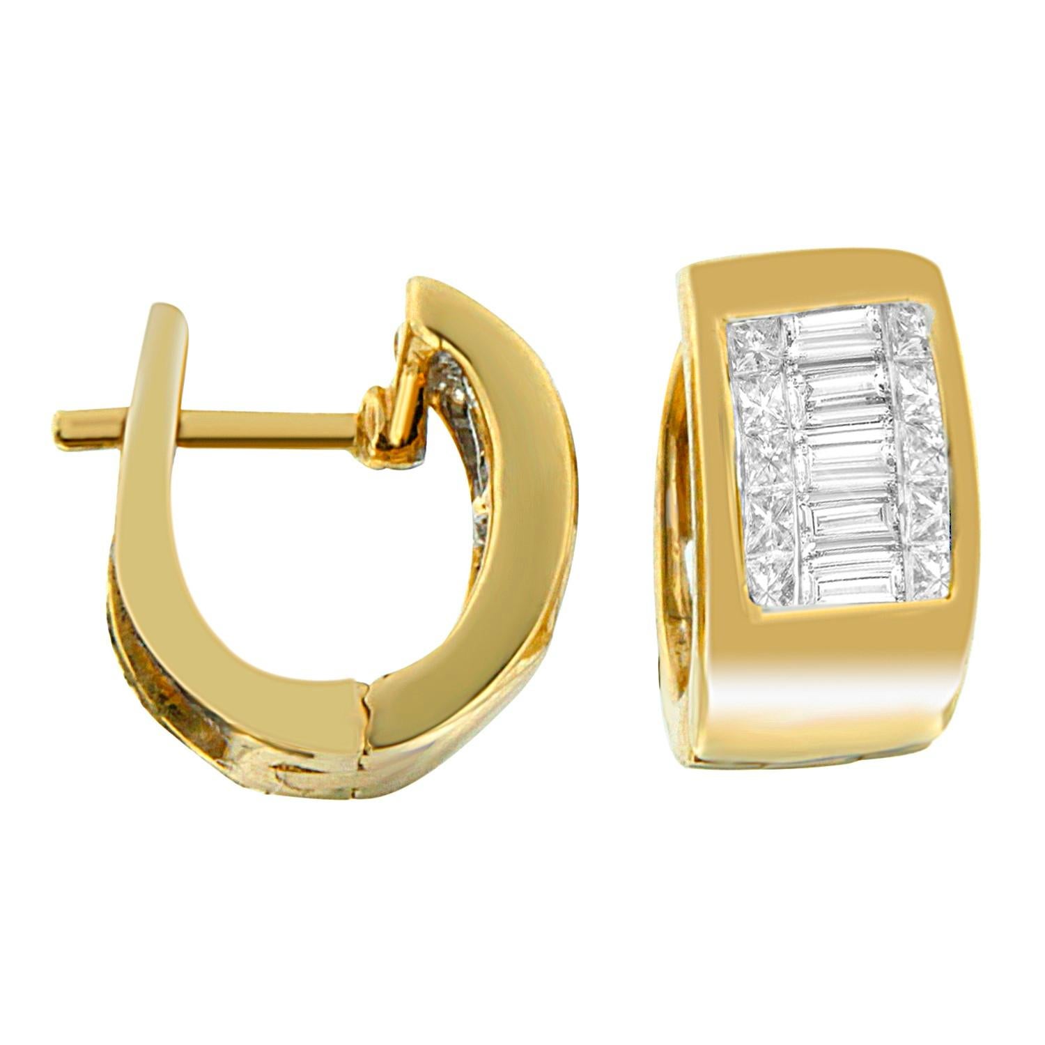 Flaunt your never-ending love for classy diamonds by wearing these alluring diamond earrings. These 14k yellow gold diamond earrings are designed with 1/2ct princess and baguette cut that makes them look more unique. The fine yellow gold finishing