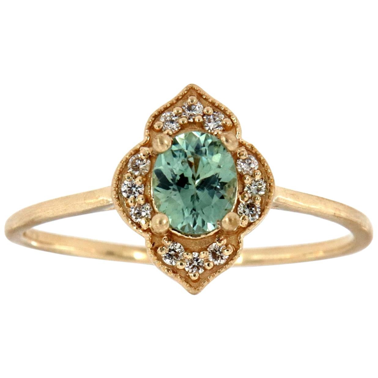 14K Yellow Gold Teal Sapphire and Diamond Vintage Halo Ring 'Center-1/2 Carat' For Sale
