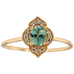 14K Yellow Gold Teal Sapphire and Diamond Vintage Halo Ring 'Center-1/2 Carat'