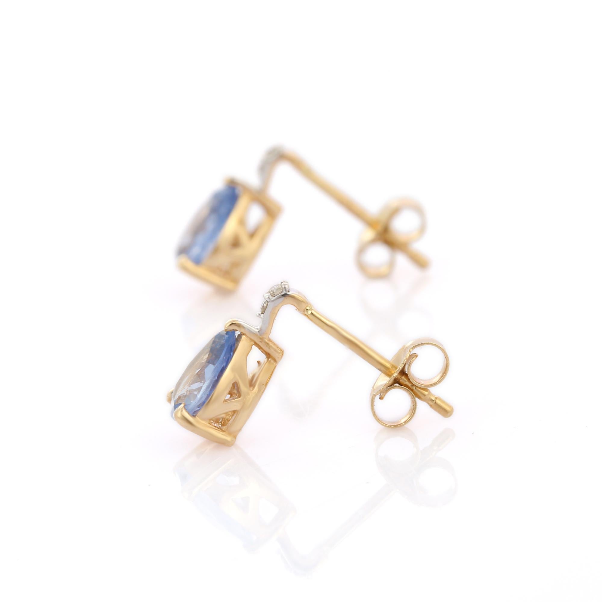 Pear Cut 14K Yellow Gold Tear Drop Blue Sapphire Earrings with Diamonds For Sale