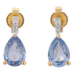 14K Yellow Gold Tear Drop Blue Sapphire Earrings with Diamonds 14K Yellow Gold Tear Drop Blue Sapphire Earrings with Diamonds