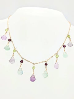 14 Karat Yellow Gold Tear Drop Multi-Color Gemstone Necklace