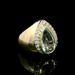 14k Yellow Gold Teardrop Bezel Set Blue Topaz & Diamond Wide Bombe Cocktail Ring
