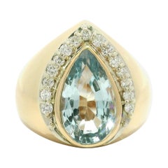 14k Yellow Gold Teardrop Bezel Set Blue Topaz & Diamond Wide Bombe Cocktail Ring