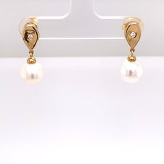 14k Yellow Gold Teardrop Diamond and Pearl Earrings