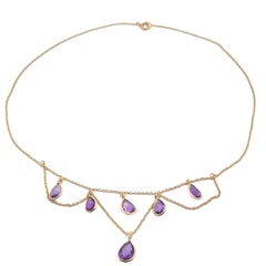 14k Yellow Gold Teardrop Pear Amethyst Chandelier Dangle Collier Necklace