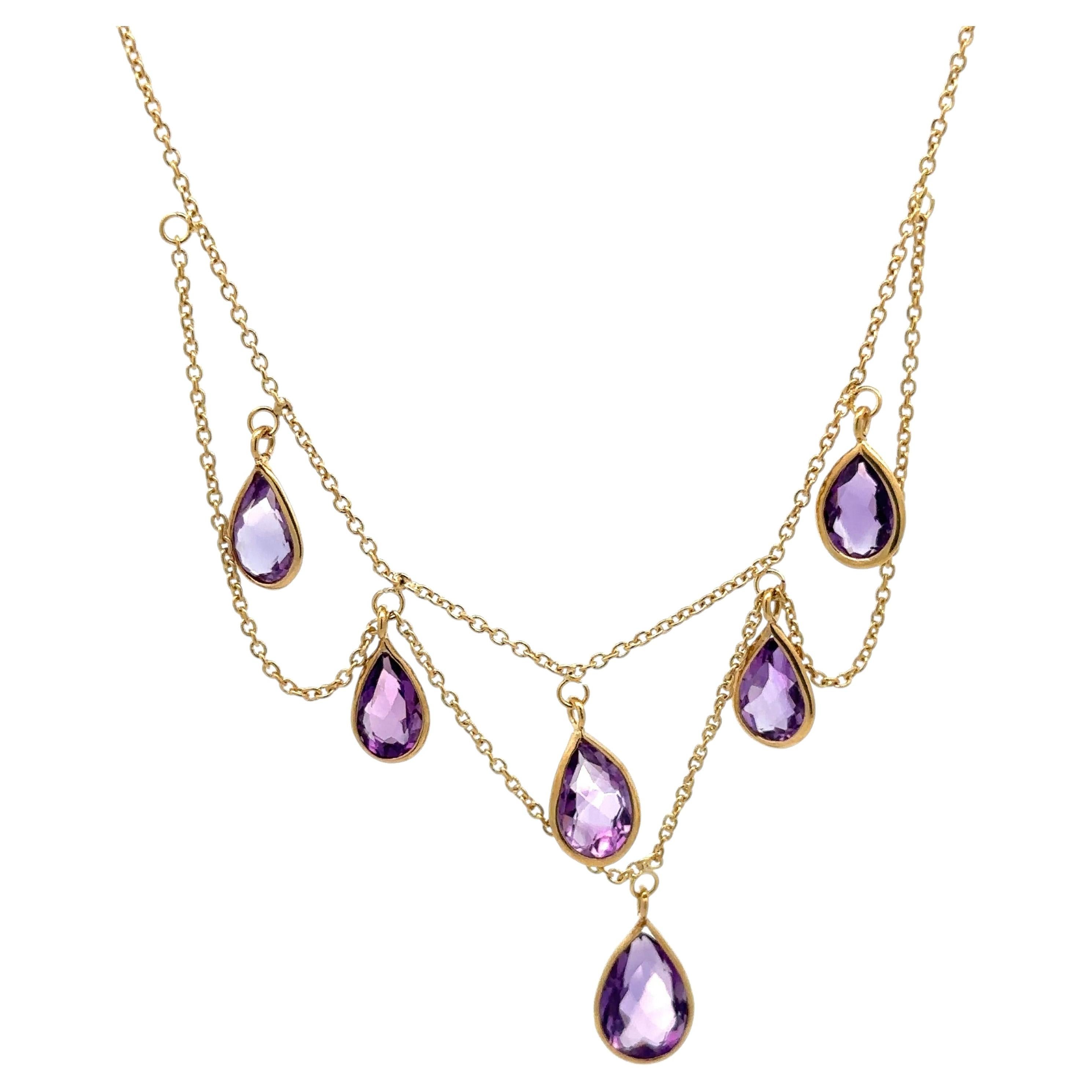 14k Yellow Gold Teardrop Pear Amethyst Chandelier Dangle Collier Necklace