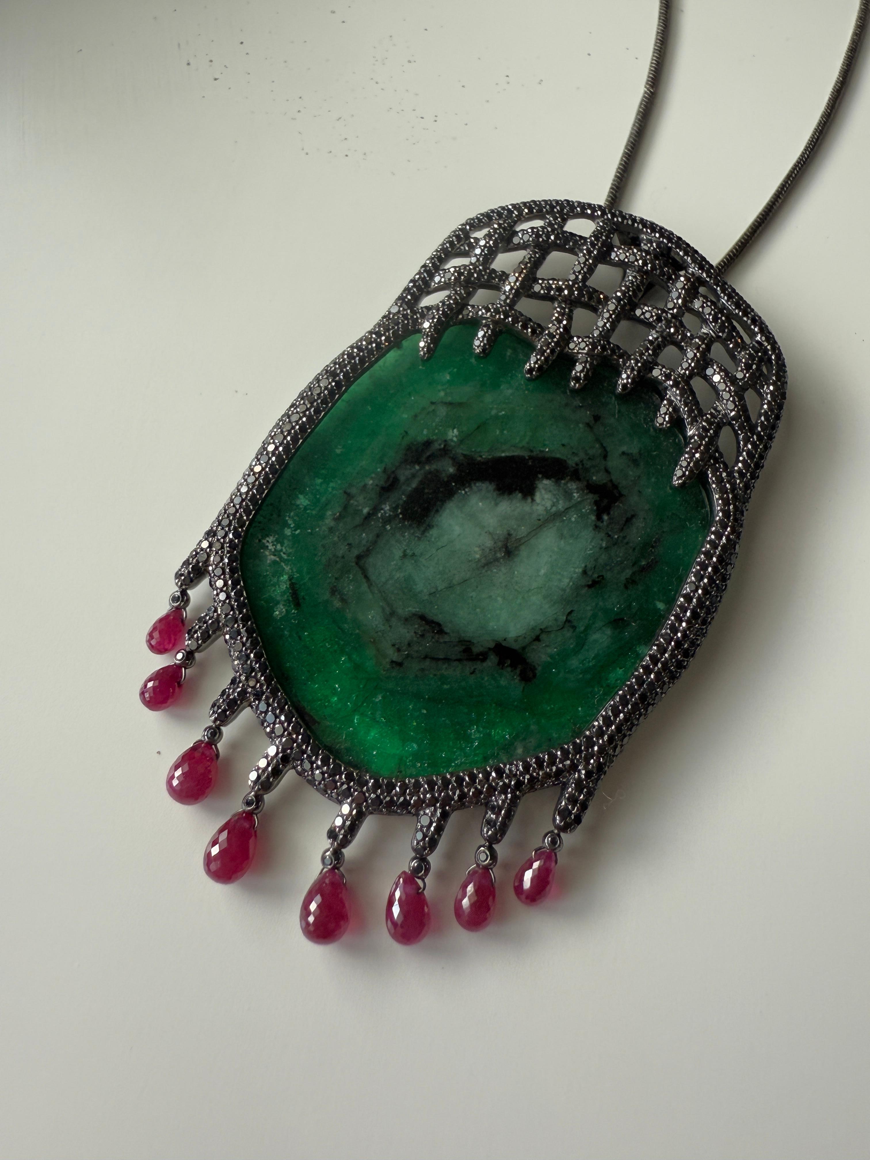 14K Yellow Gold Tender Trap Pendant with Emeralds, Black Diamonds and Rubies For Sale 5