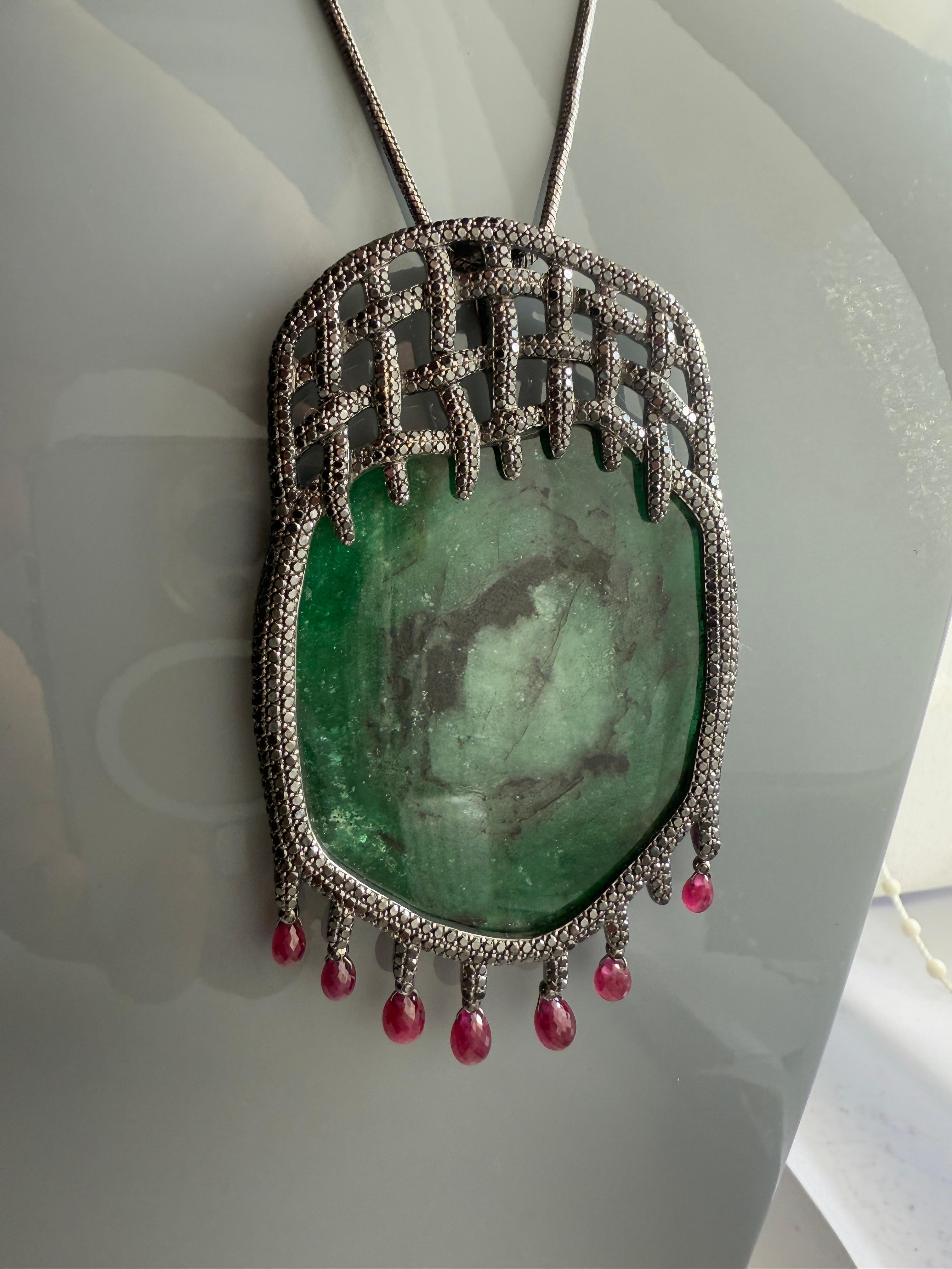 14K Yellow Gold Tender Trap Pendant with Emeralds, Black Diamonds and Rubies For Sale 6