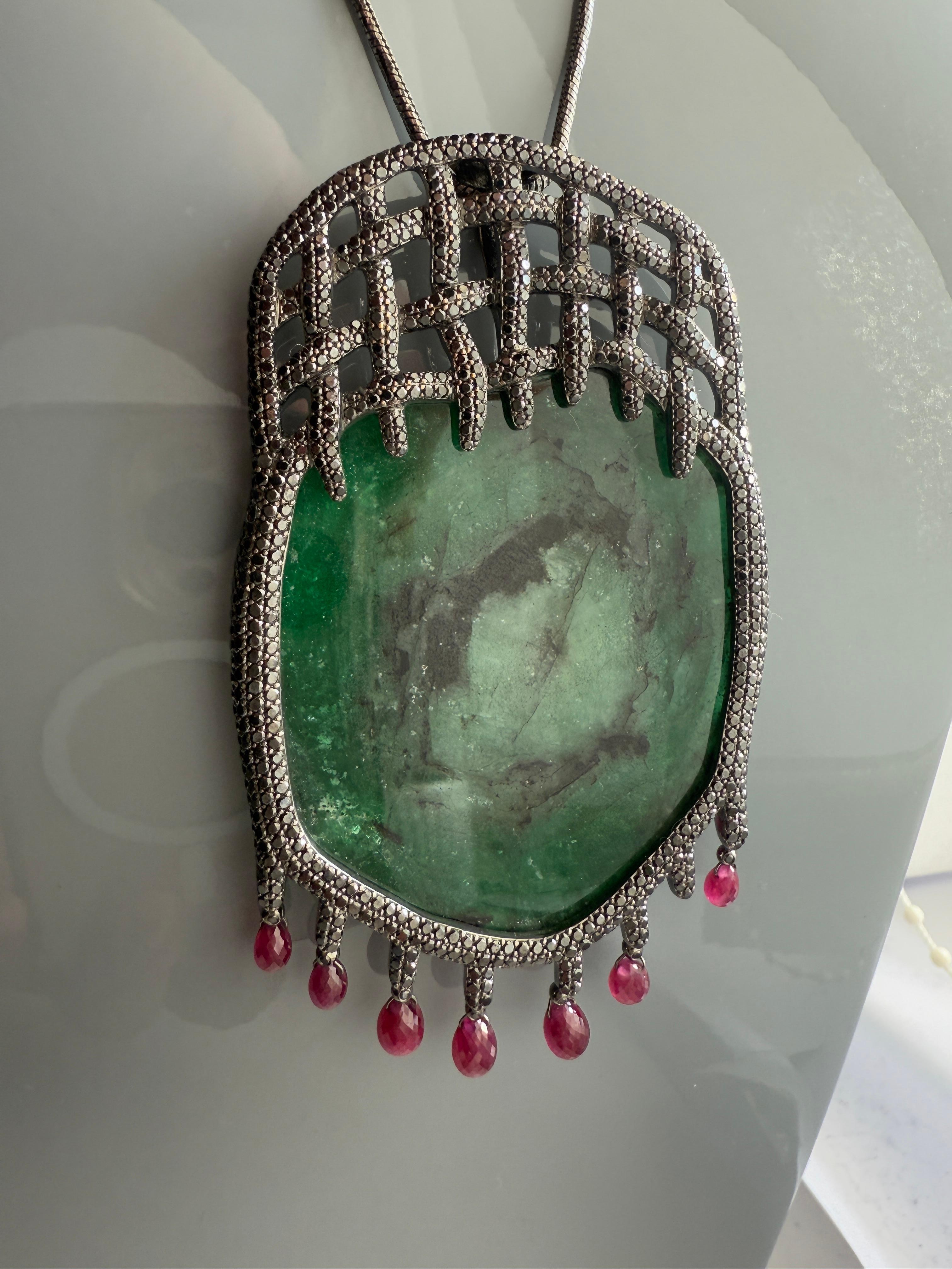 14K Yellow Gold Tender Trap Pendant with Emeralds, Black Diamonds and Rubies For Sale 7