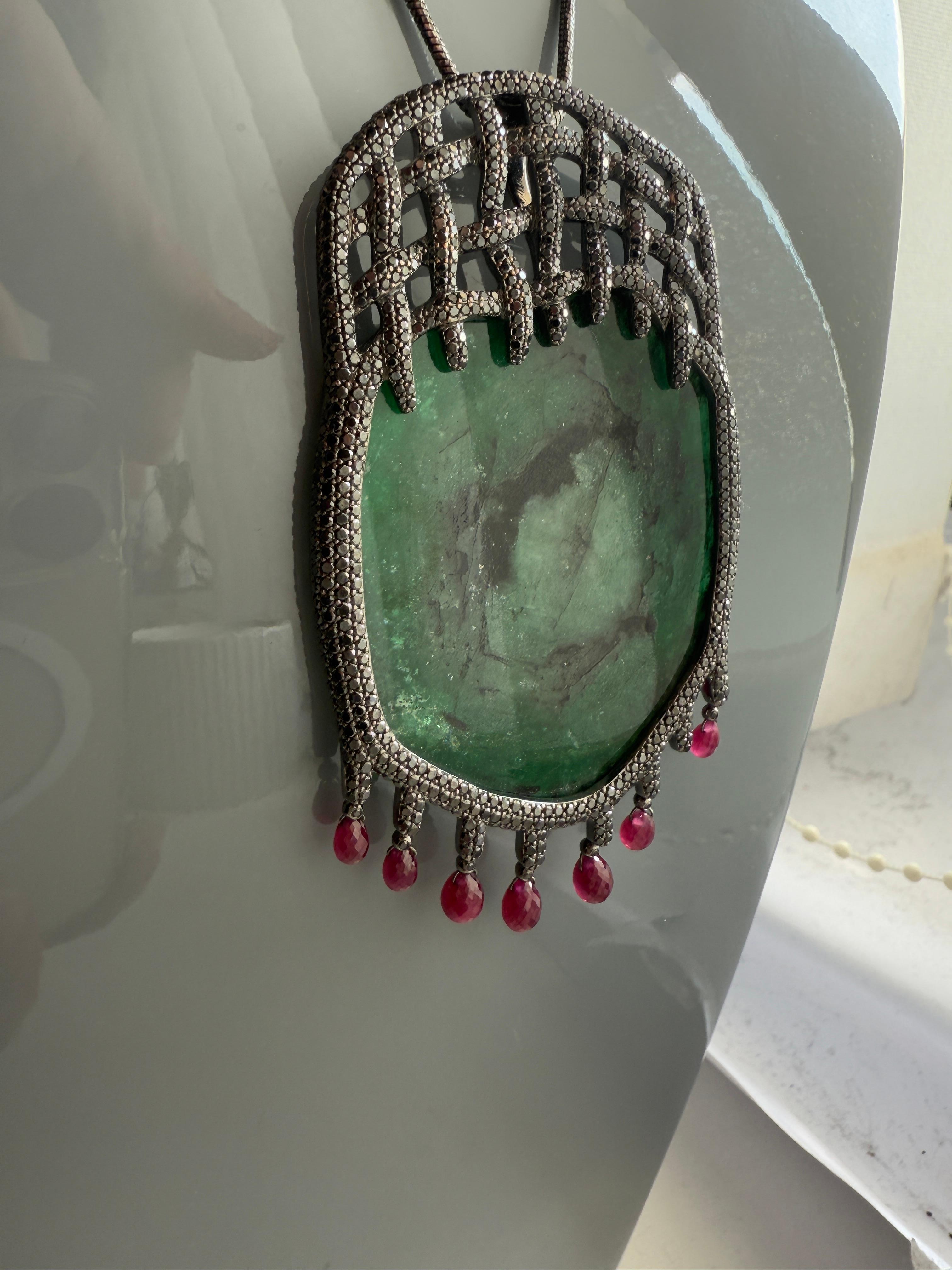 14K Yellow Gold Tender Trap Pendant with Emeralds, Black Diamonds and Rubies For Sale 8