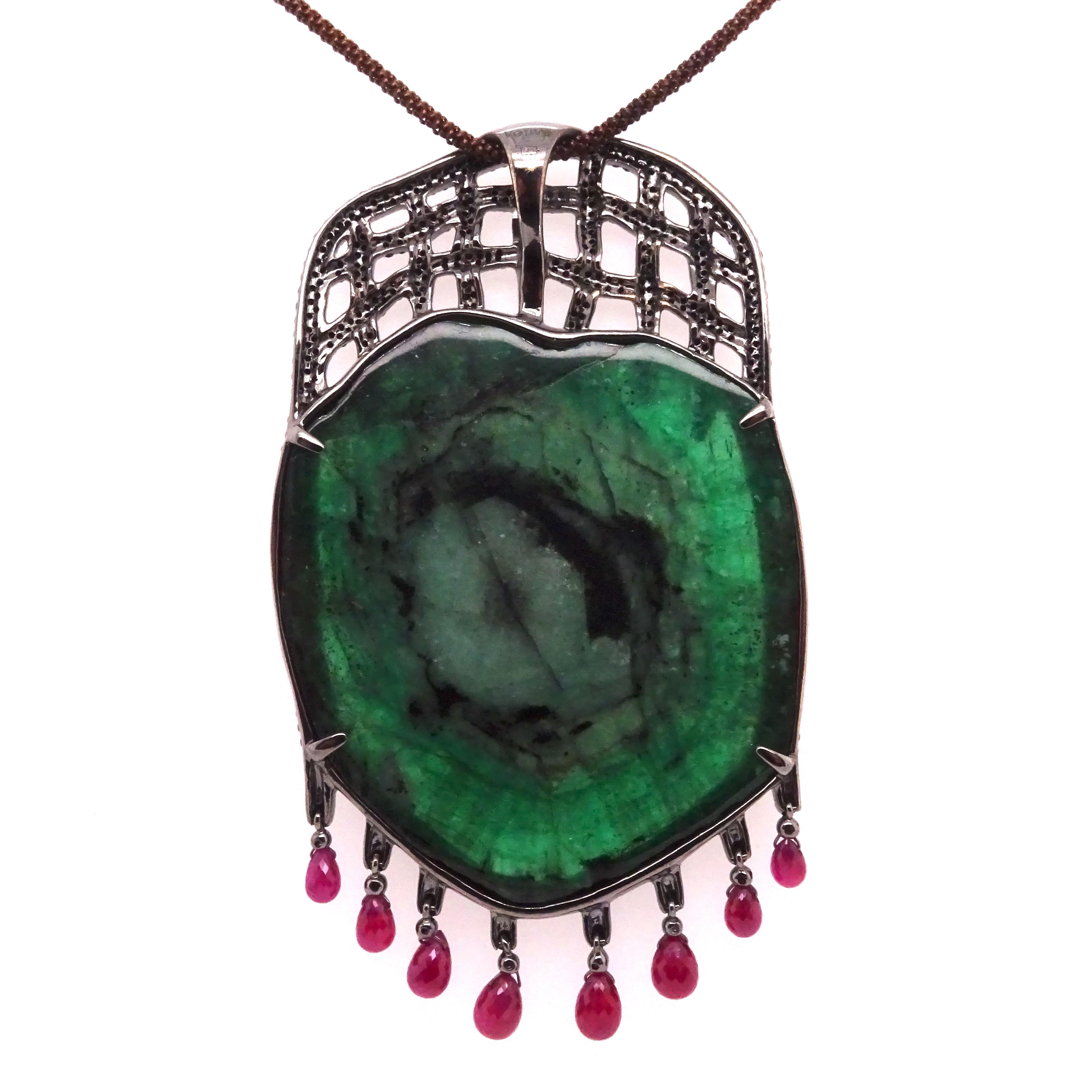 Women's 14K Yellow Gold Tender Trap Pendant with Emeralds, Black Diamonds and Rubies For Sale