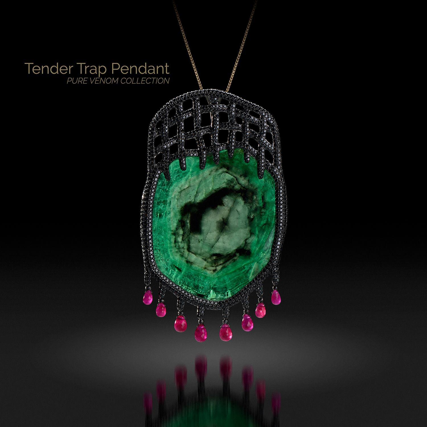 14K Yellow Gold Tender Trap Pendant with Emeralds, Black Diamonds and Rubies For Sale 1