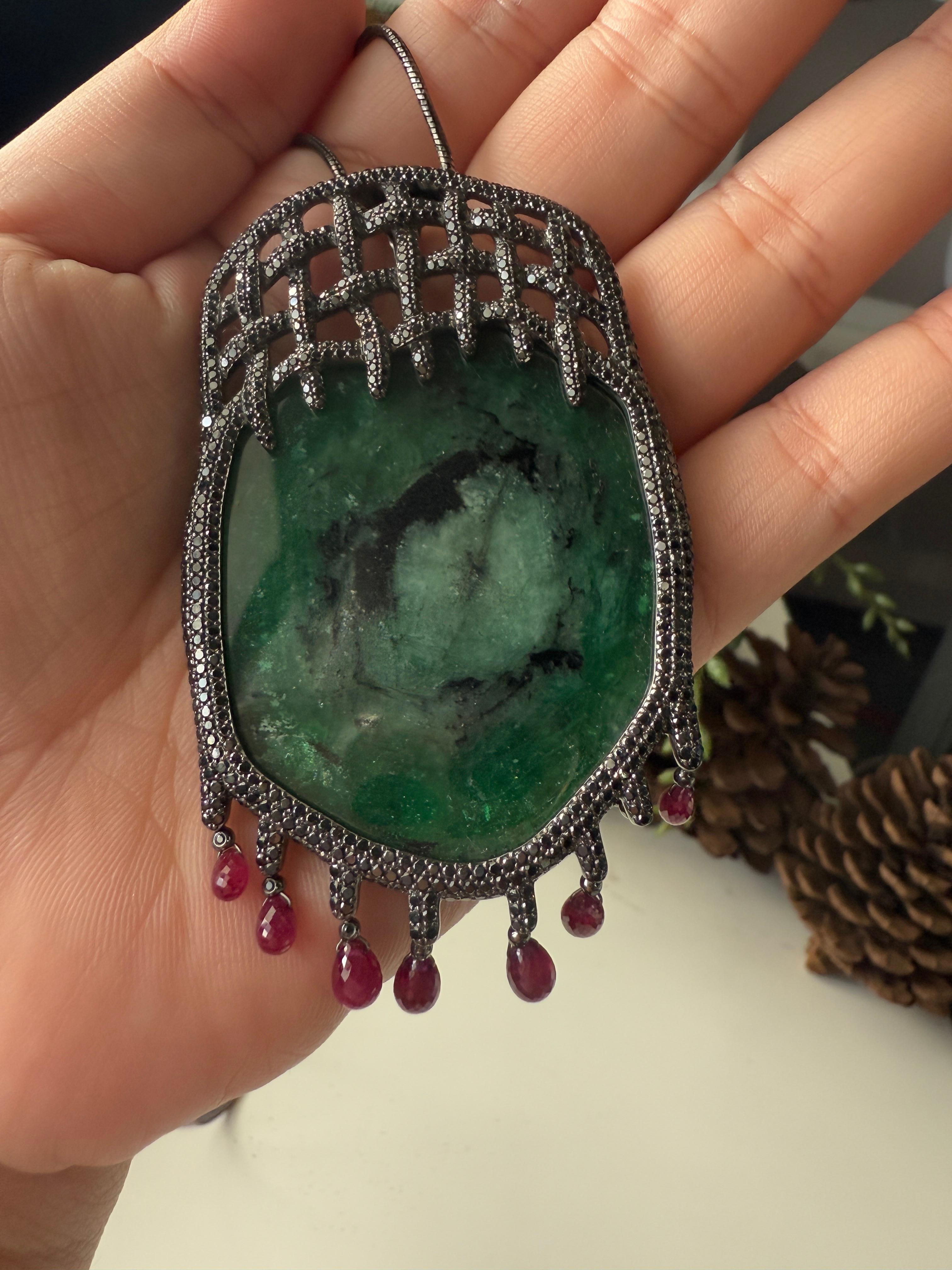 14K Yellow Gold Tender Trap Pendant with Emeralds, Black Diamonds and Rubies For Sale 2