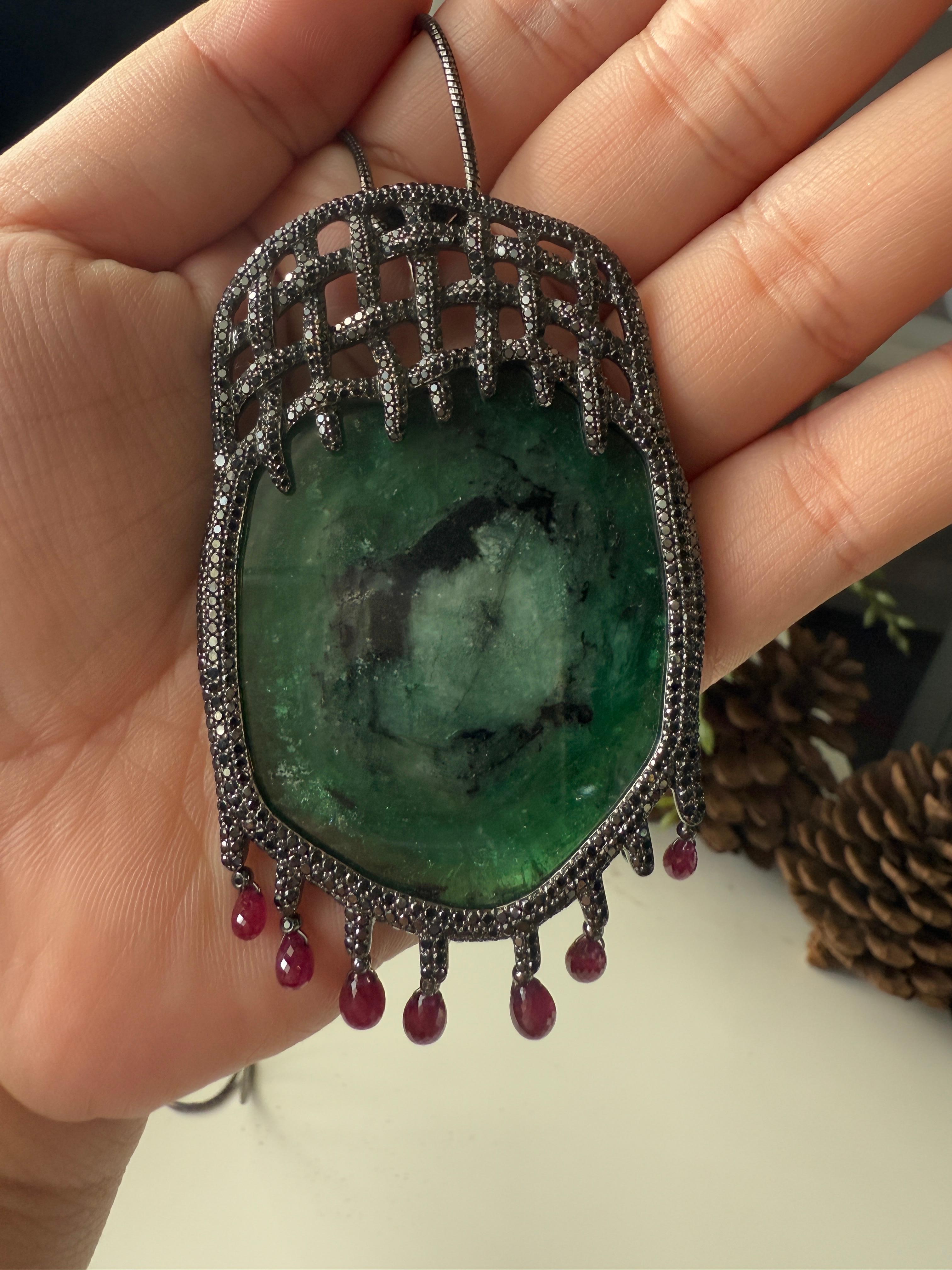 14K Yellow Gold Tender Trap Pendant with Emeralds, Black Diamonds and Rubies For Sale 3