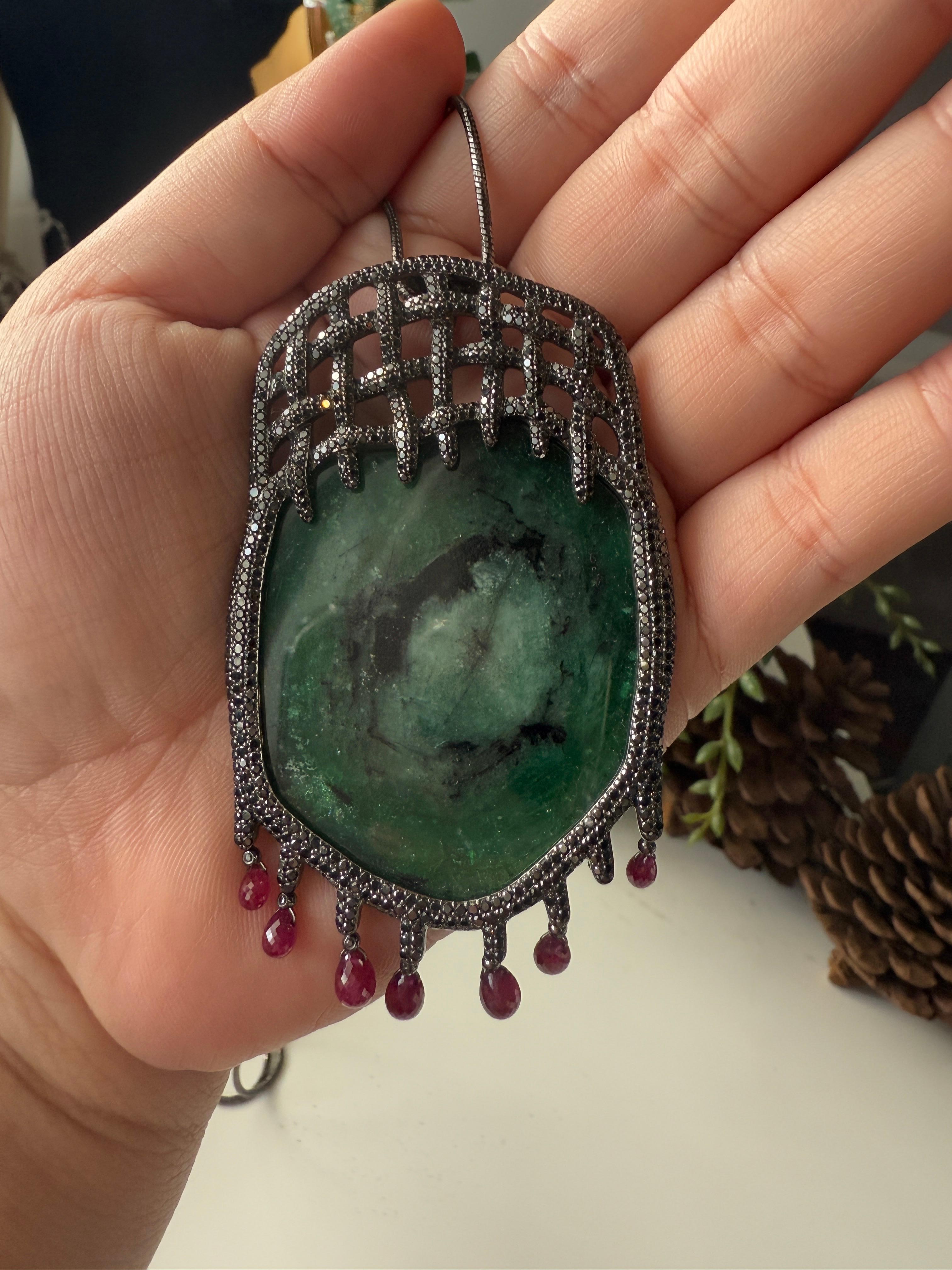 14K Yellow Gold Tender Trap Pendant with Emeralds, Black Diamonds and Rubies For Sale 4