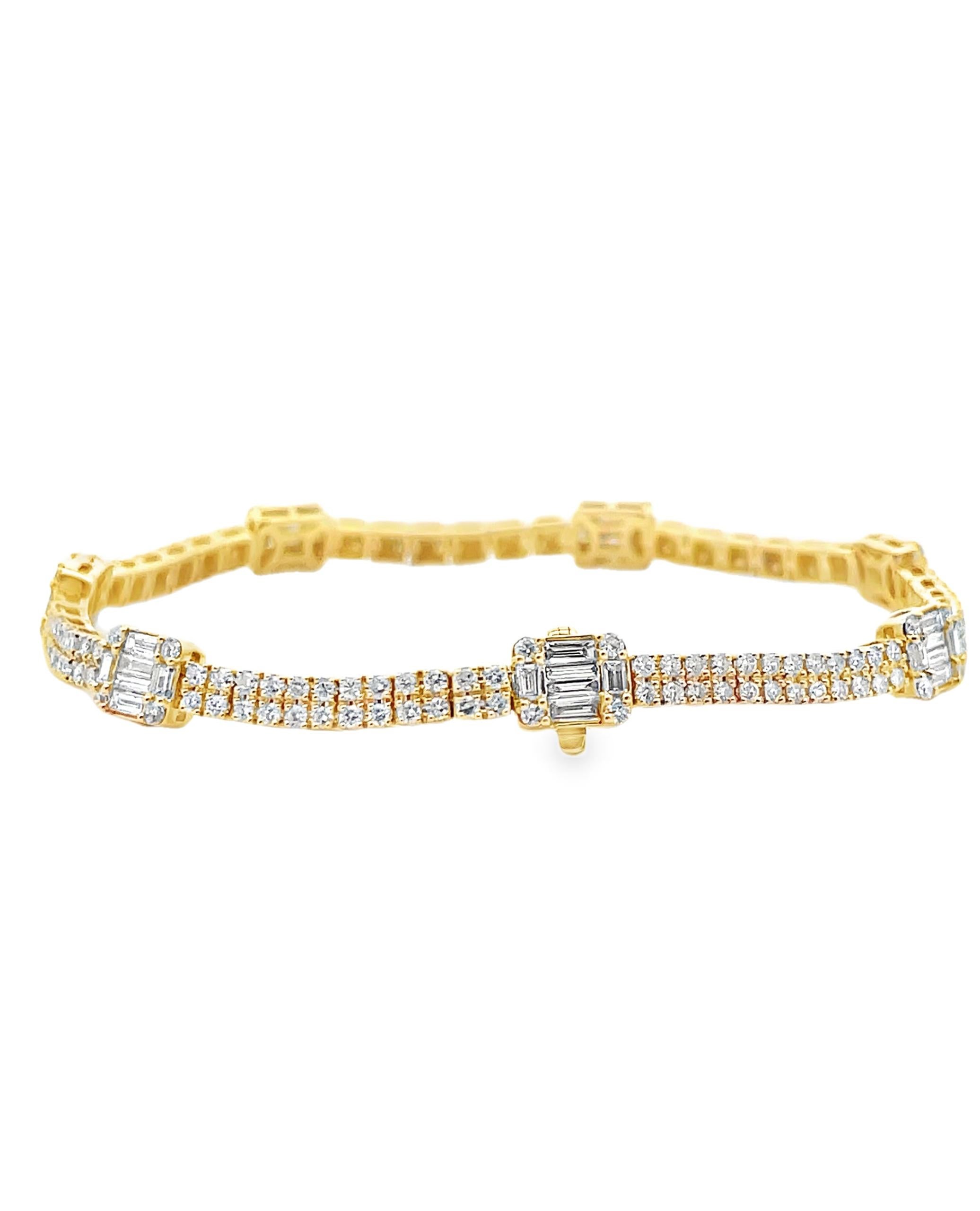 Pulsera de Tenis de Oro Amarillo de 14 K 1,19 qt Baguette y 2,15 qt Diamante Redondo Contemporáneo en venta