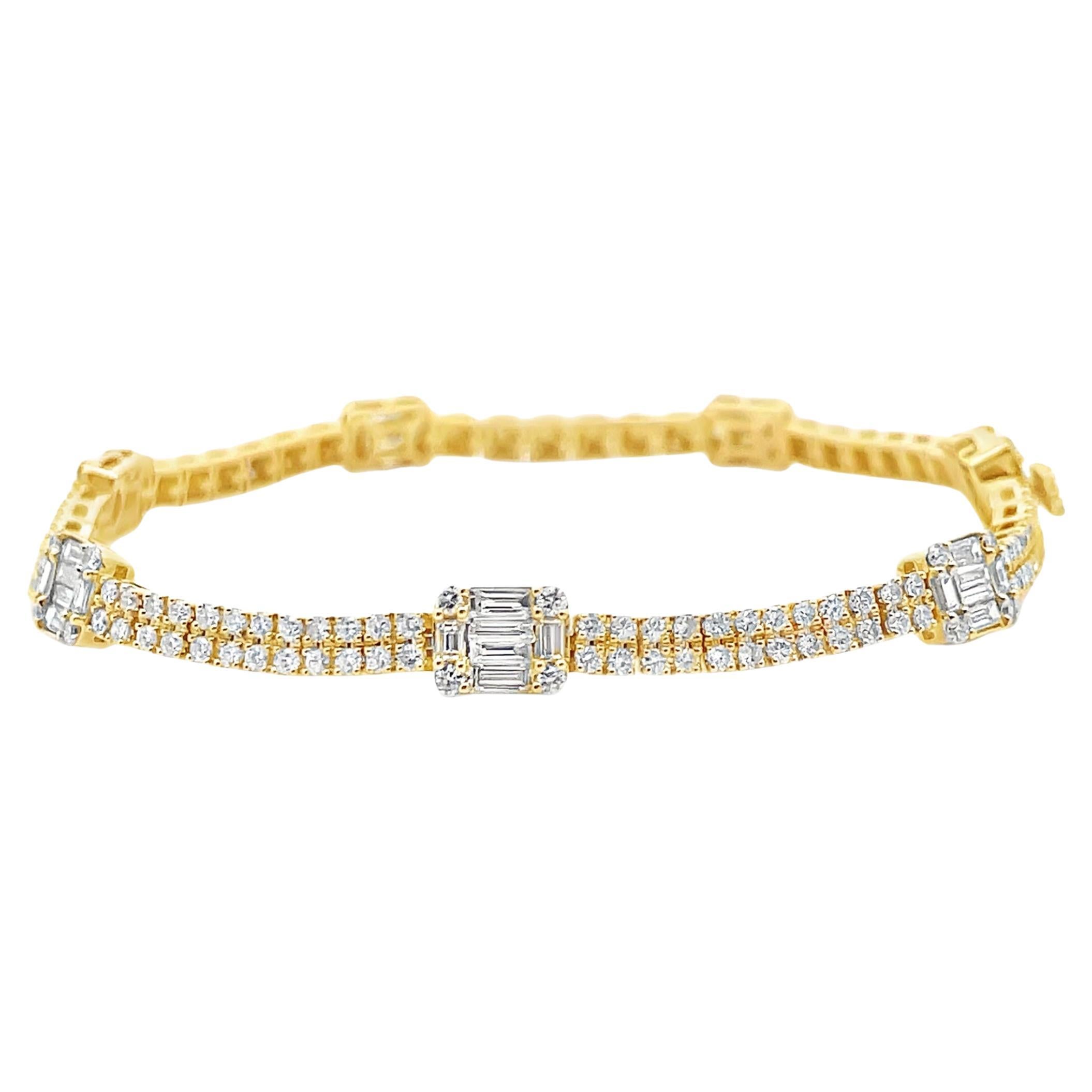 Bracelet de tennis en or jaune 14K 1,19 ct de diamant baguette et 2,15 ct de diamant rond