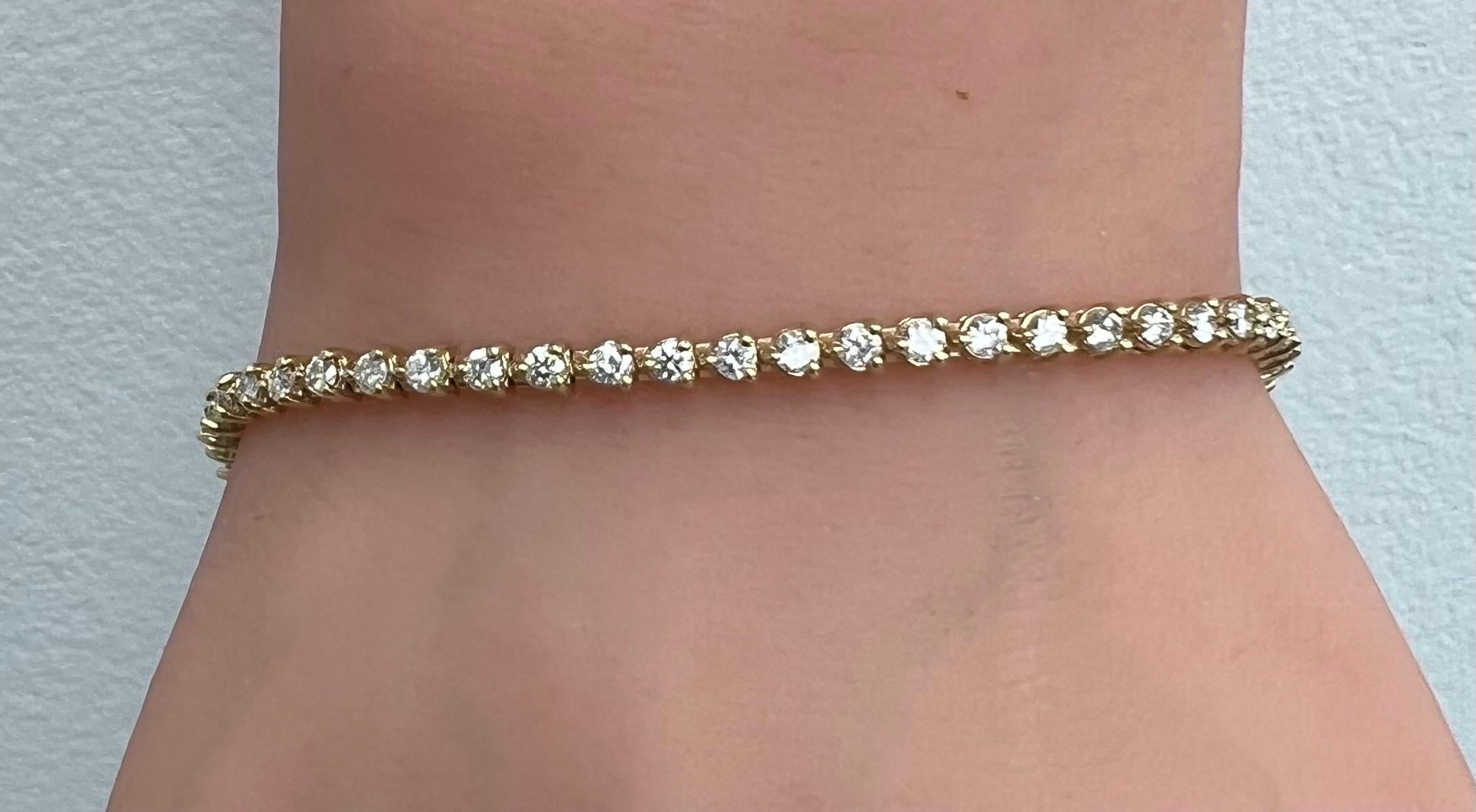 Round Cut 14K Yellow Gold Tennis Bracelet, 2.10 CT of Natural Full Cut Diamonds, 3 prongs For Sale