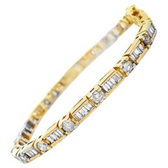14K Yellow Gold Tennis Bracelet 4.30 Ct Baguette 2.65 Ct Round Natural Diamonds