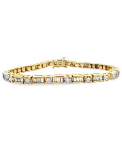 Bracelet de tennis en or jaune 14K Diamants baguette de 4,30 ct et diamants ronds de 2,65 ct