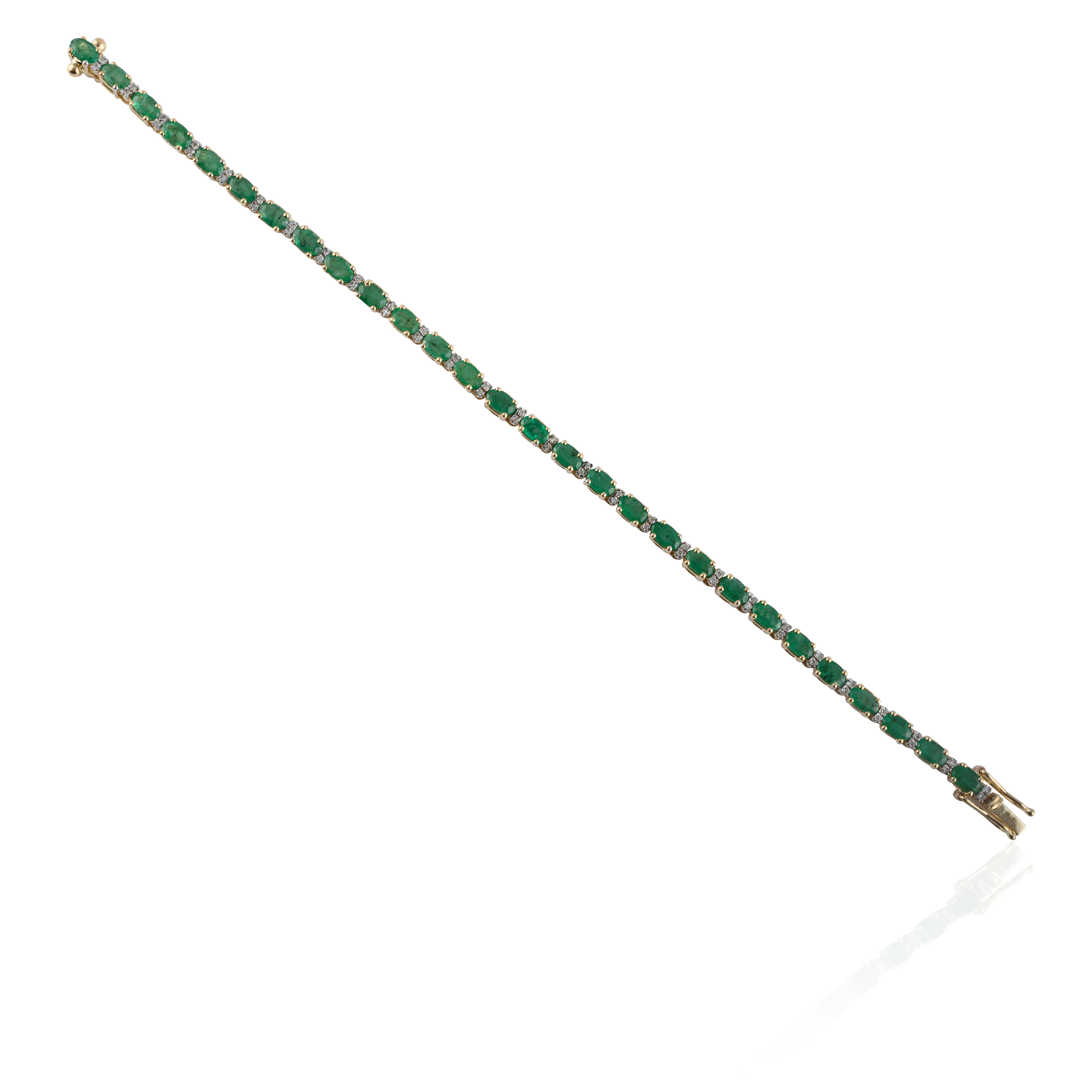 This Glorious Emerald Diamond Tennis Bracelet in 14K gold showcases 28 endlessly sparkling natural emerald, weighing 6.01 carat. It measures 7 inches long in length. 
Emerald enhances intellectual capacity of the person.
Designed with perfect oval