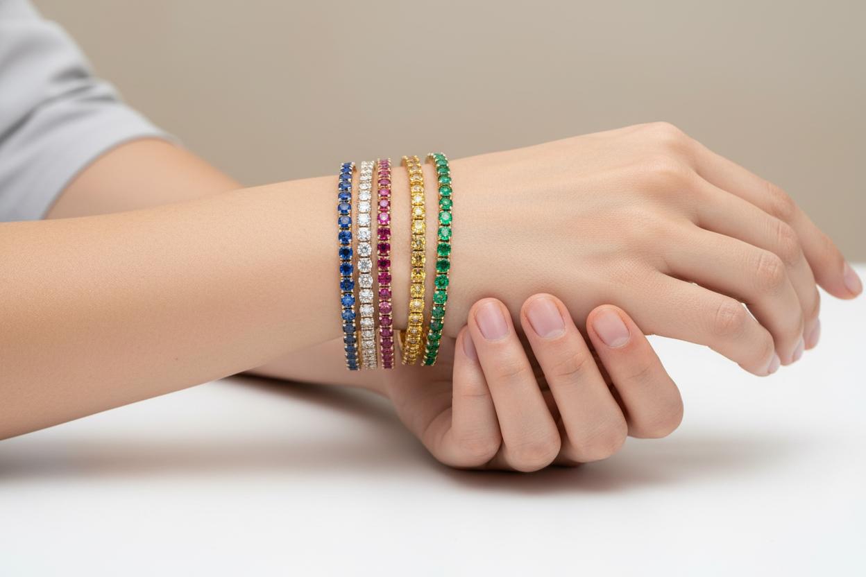 Contemporary 14K Yellow Gold Tennis Stretch Bracelet Set with Natural Pink Tourmaline For Sale