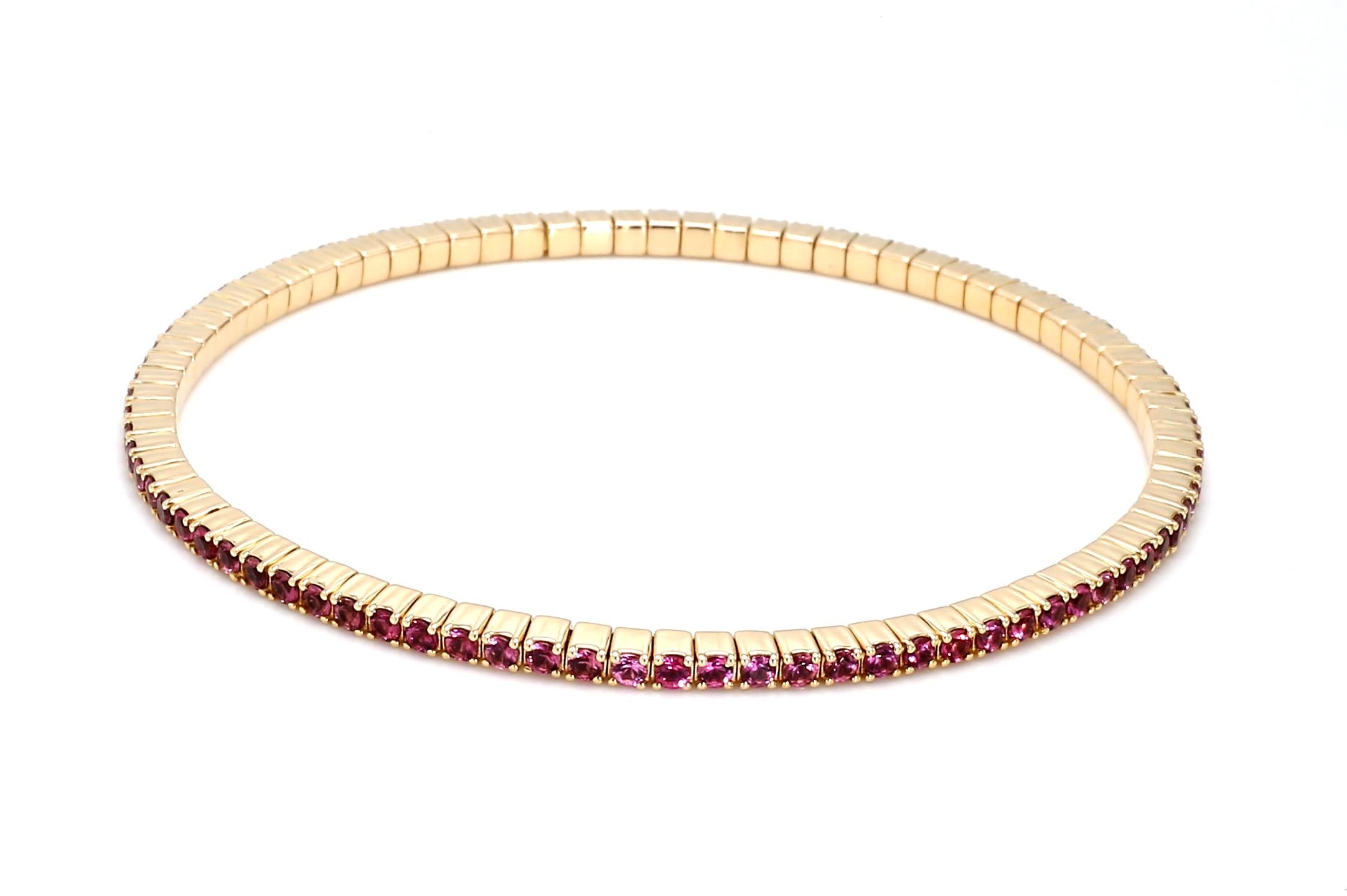 Round Cut 14K Yellow Gold Tennis Stretch Bracelet Set with Natural Pink Tourmaline For Sale