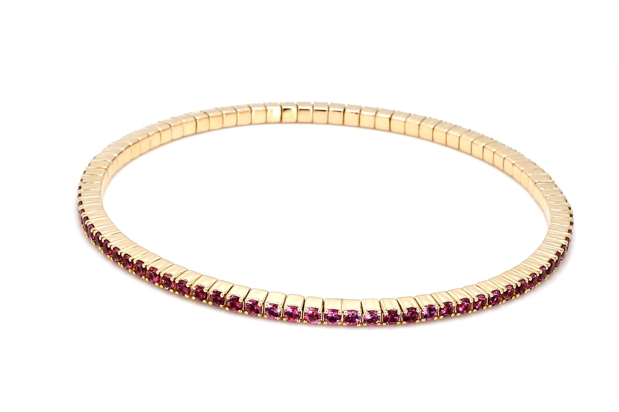14K Yellow Gold Tennis Stretch Bracelet Set with Natural Pink Tourmaline In New Condition For Sale In Pembroke Pines, FL