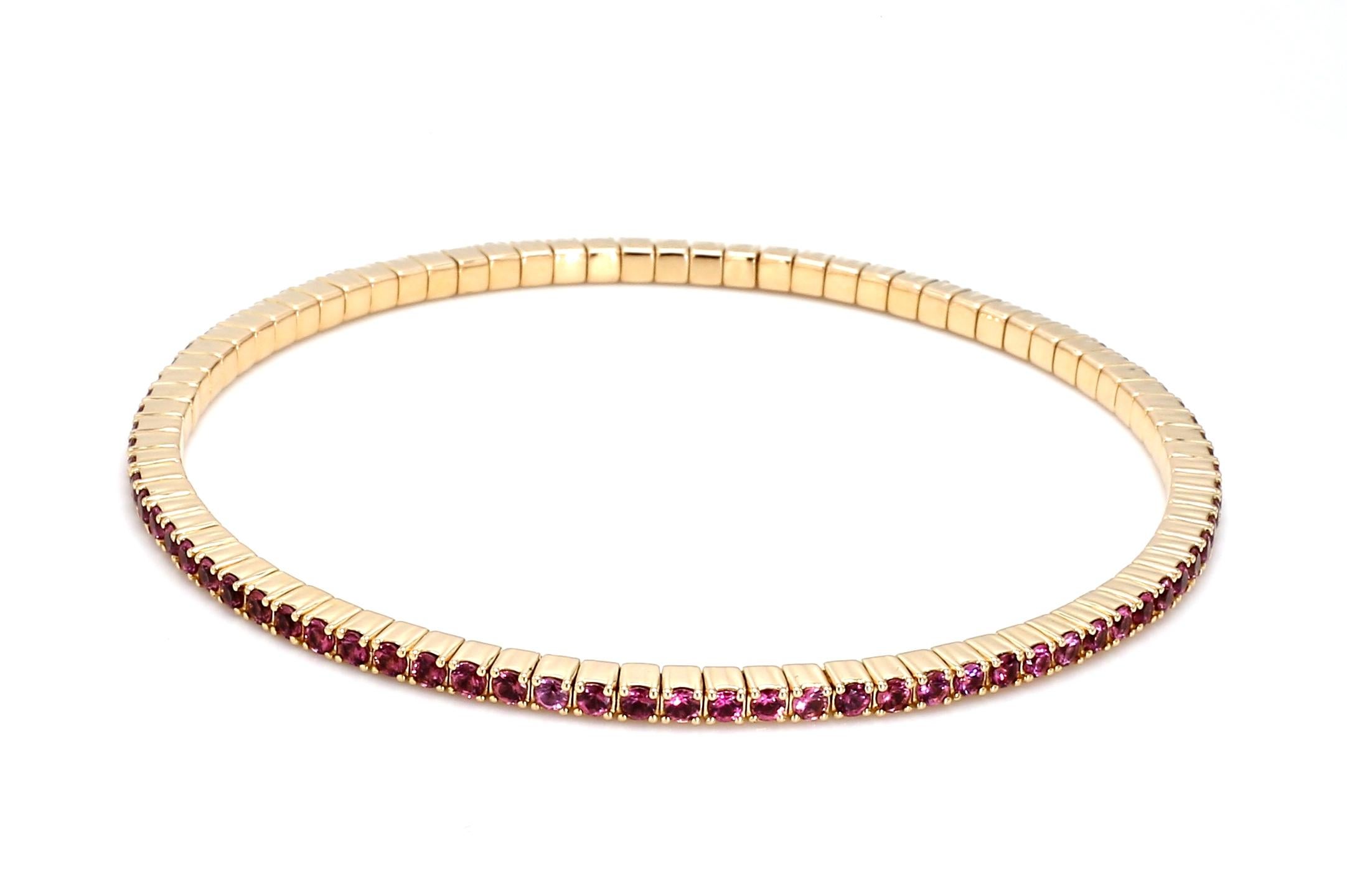 Women's 14K Yellow Gold Tennis Stretch Bracelet Set with Natural Pink Tourmaline For Sale