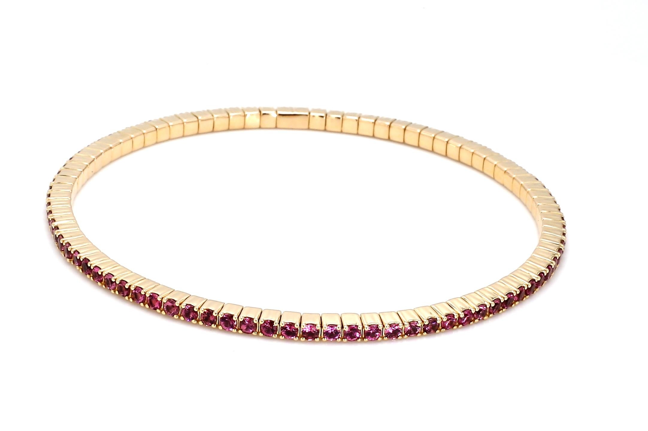 14K Yellow Gold Tennis Stretch Bracelet Set with Natural Pink Tourmaline For Sale 1