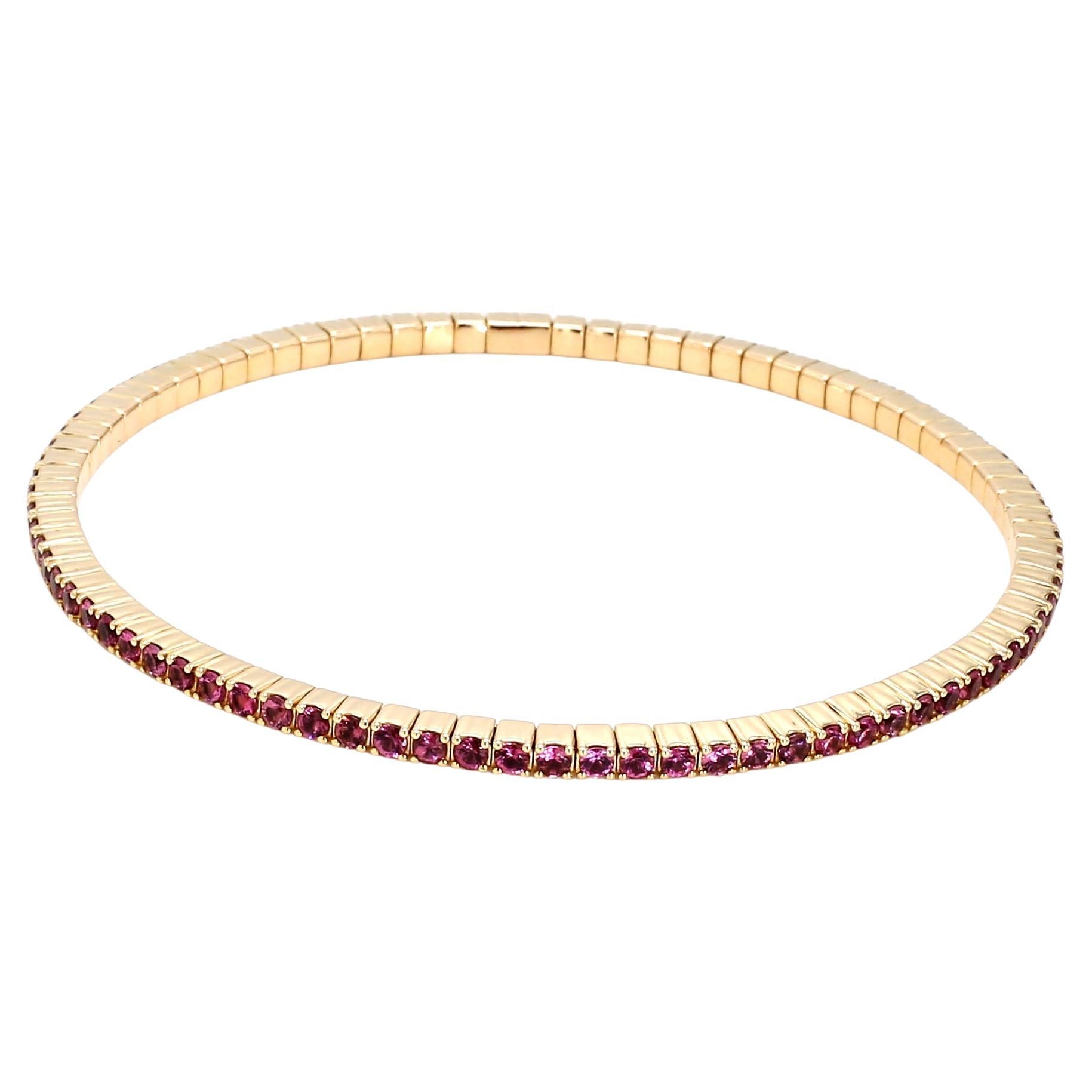 14K Yellow Gold Tennis Stretch Bracelet Set with Natural Pink Tourmaline For Sale